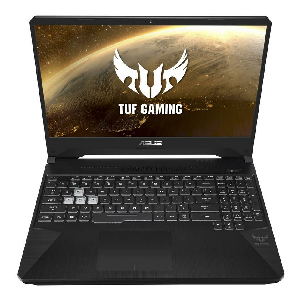 Laptop nero con logo ASUS TUF Gaming illuminato sullo schermo.