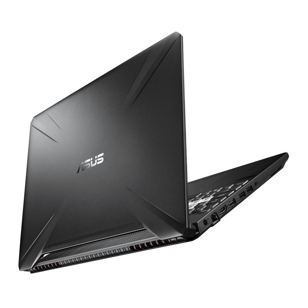 Laptop ASUS nero con tastiera e porte su sfondo bianco.