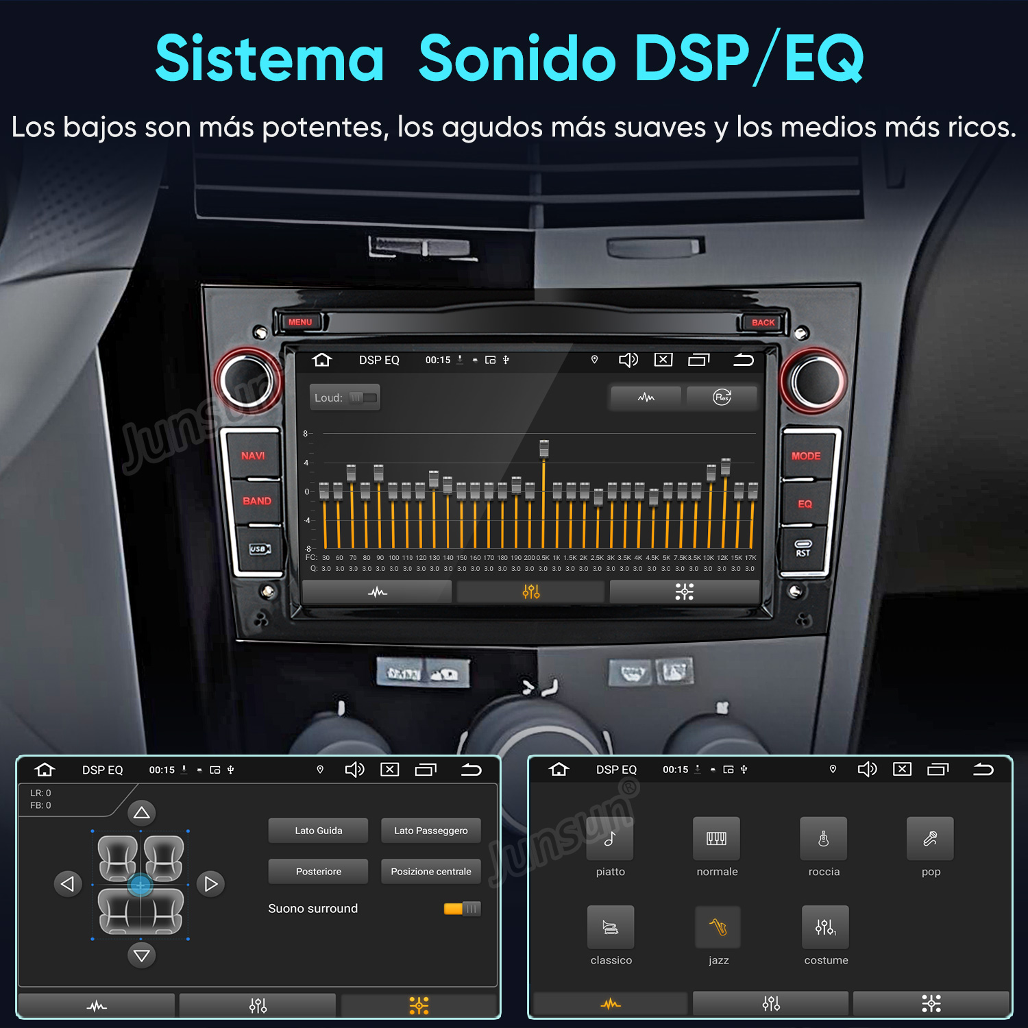 Se muestra un sistema de infoentretenimiento para automóvil con ajustes de EQ y DSP.