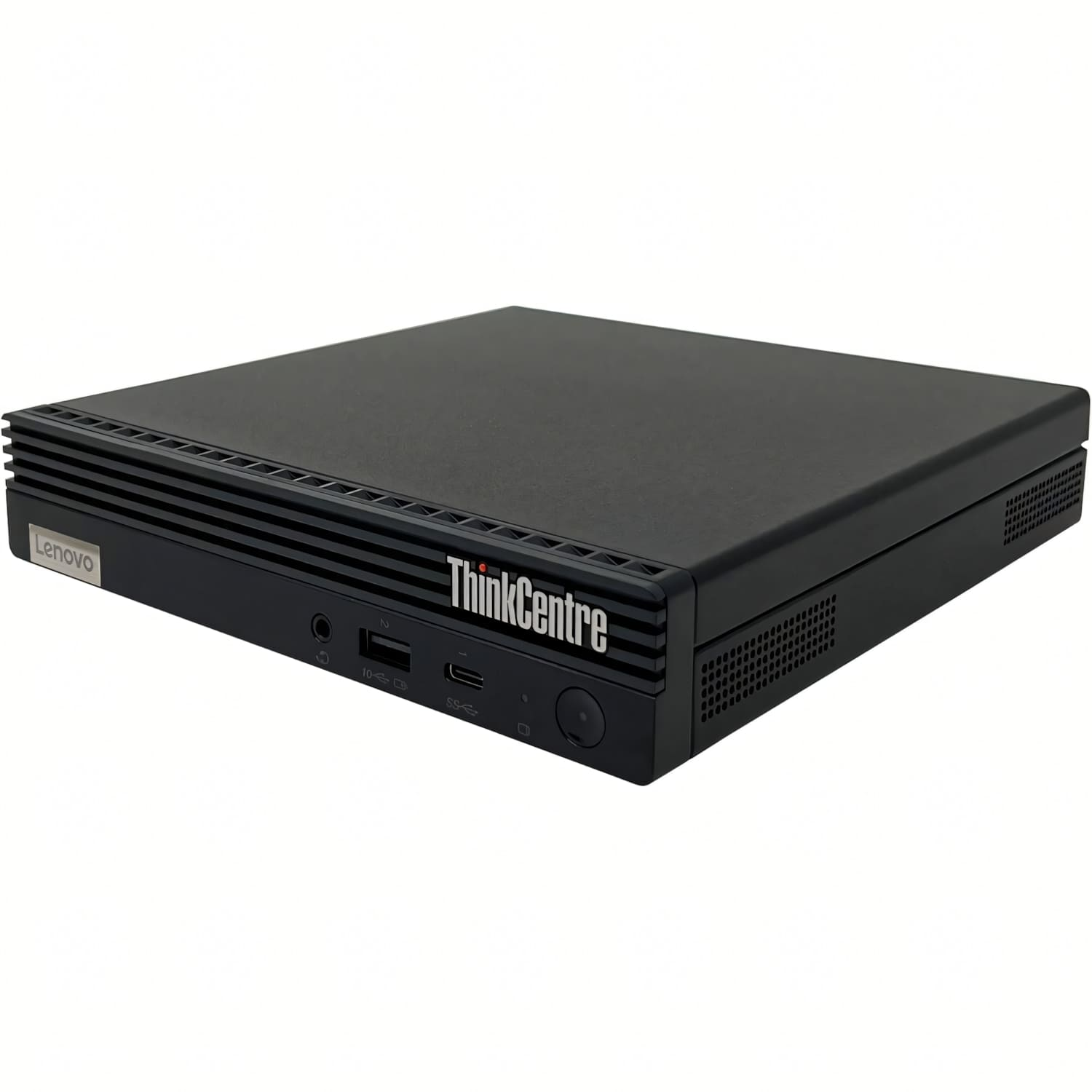 Mini PC Lenovo ThinkCentre negro con puertos y ranuras de ventilación.