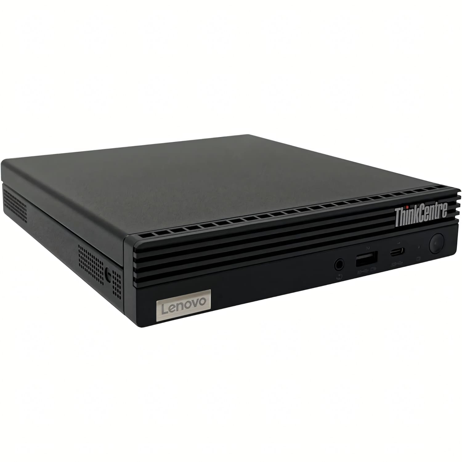 Un PC Lenovo ThinkCentre delgado y negro sobre fondo blanco.