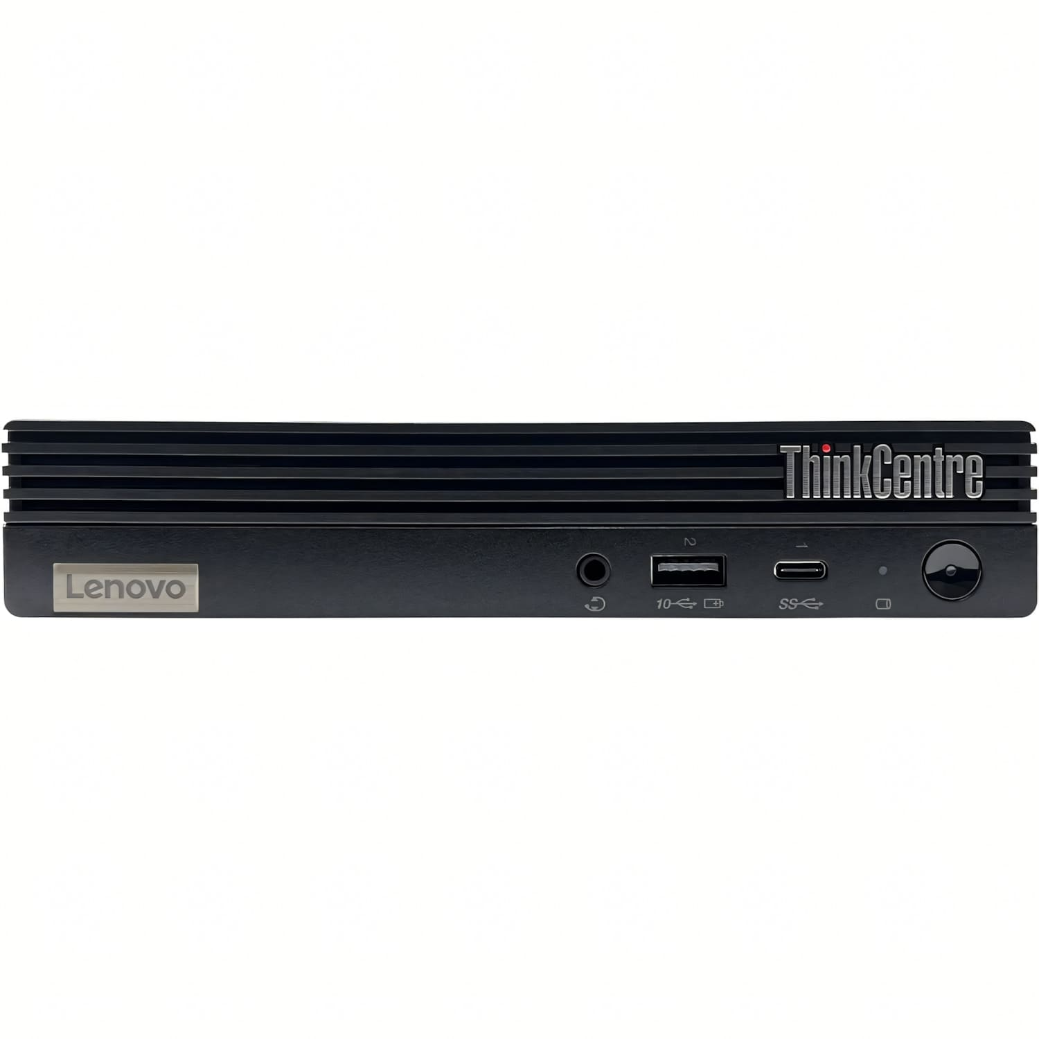 Un mini PC Lenovo ThinkCentre negro con puertos frontales.