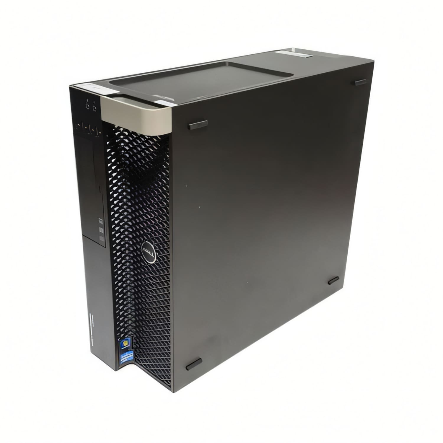 Una caja de PC torre Dell negra con detalles plateados y rejilla de panal.