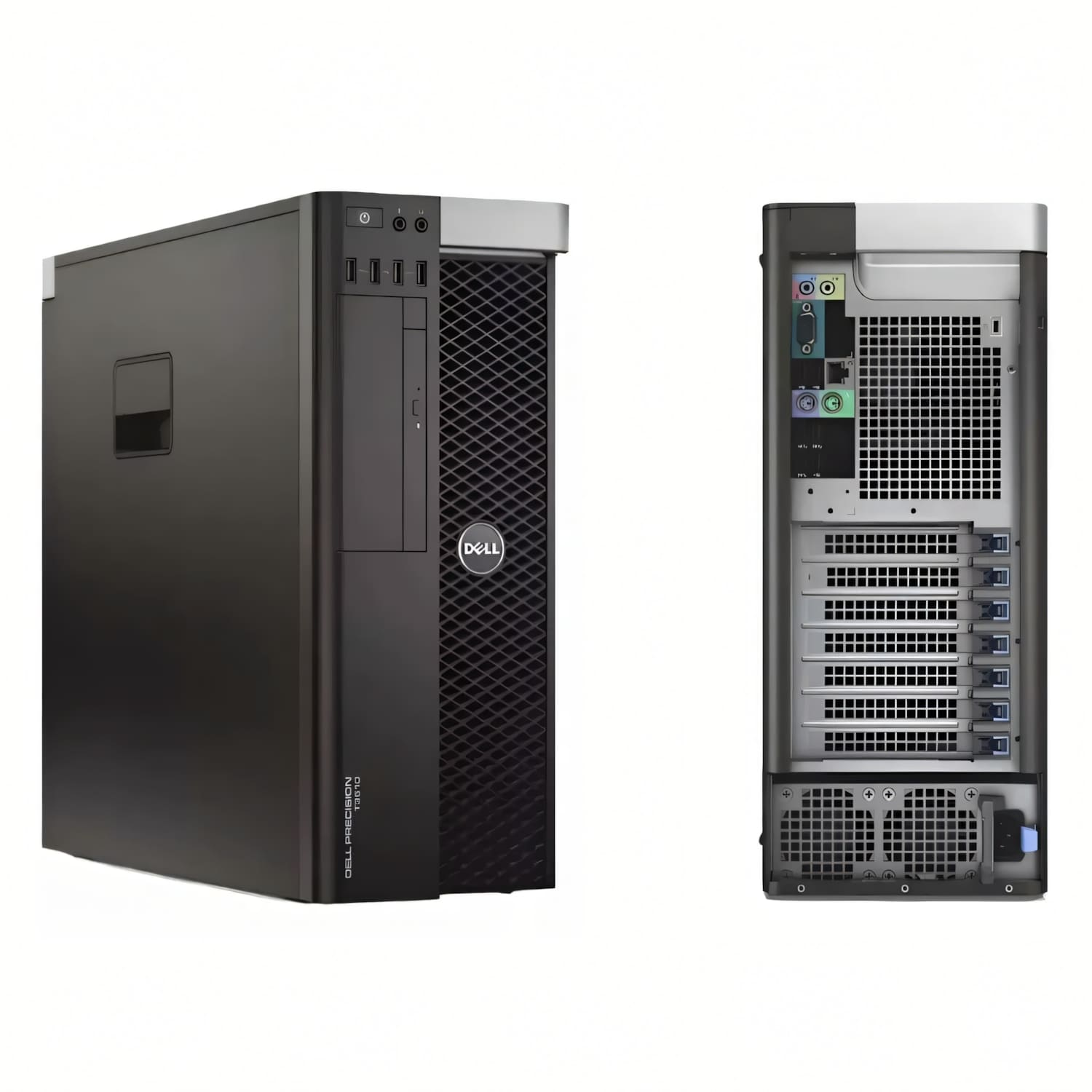 Dos torres Dell Precision. Vista frontal muestra puertos USB y logo Dell. Vista trasera muestra puertos y bahías.