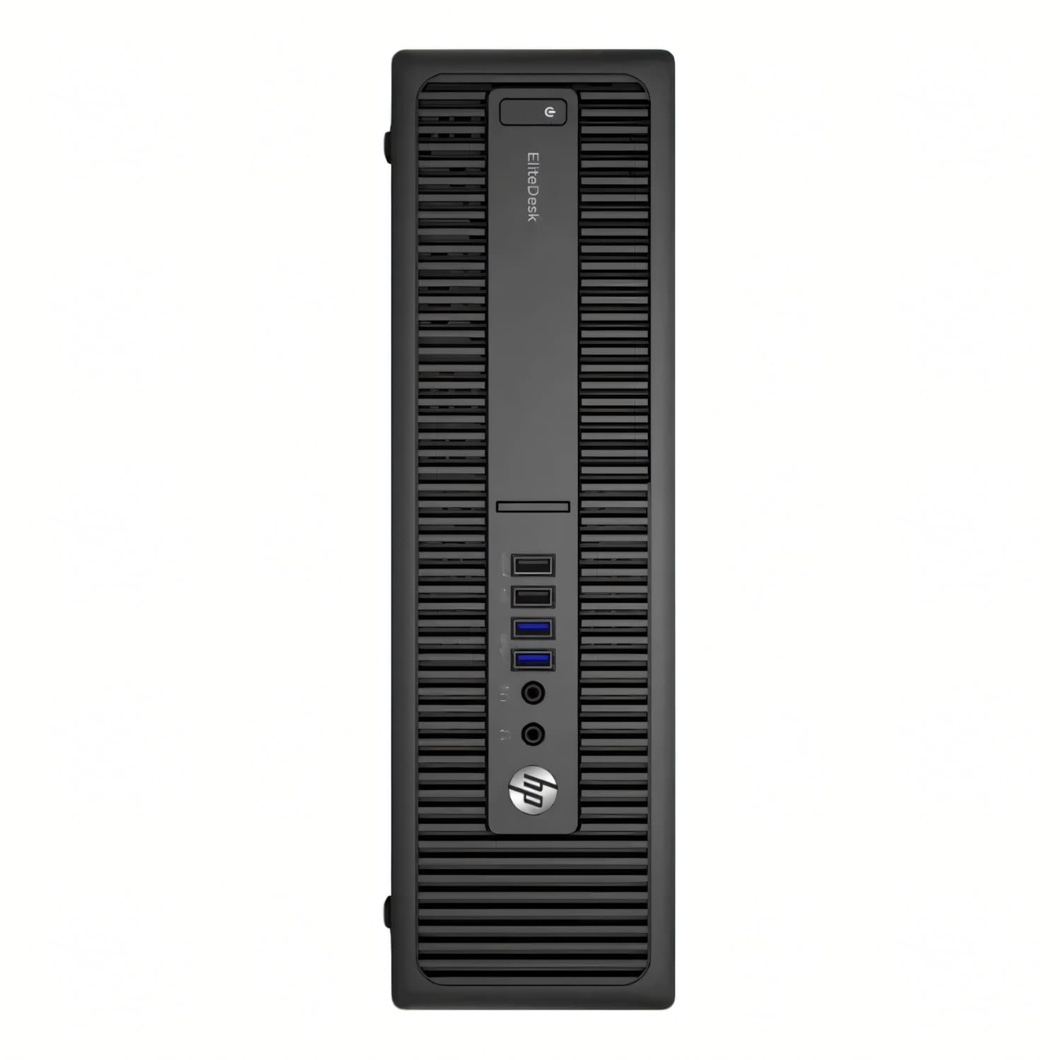 Un ordenador HP Elitedesk negro con puertos y ranuras de ventilación.