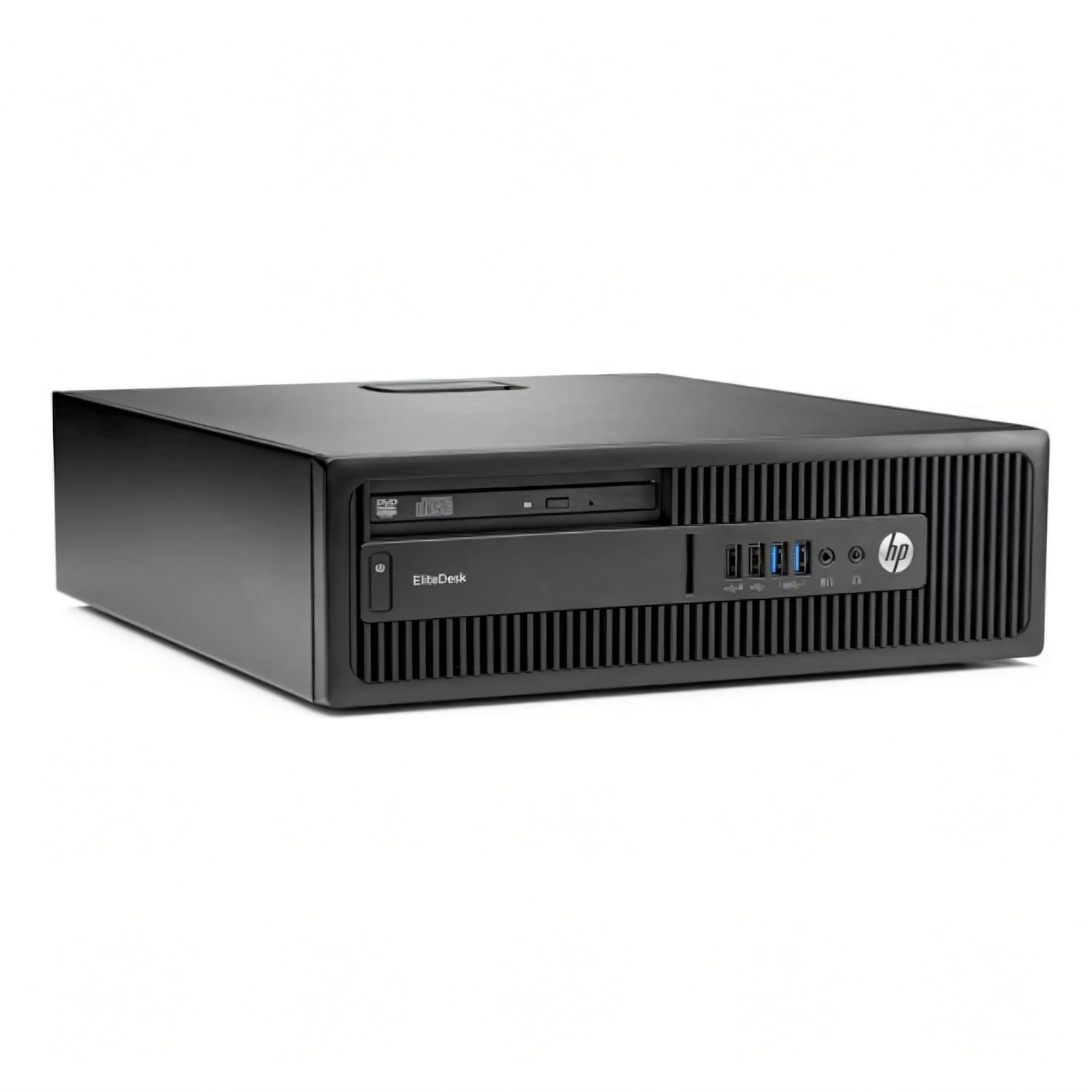 Ordenador HP EliteDesk negro con unidad de DVD y puertos USB.