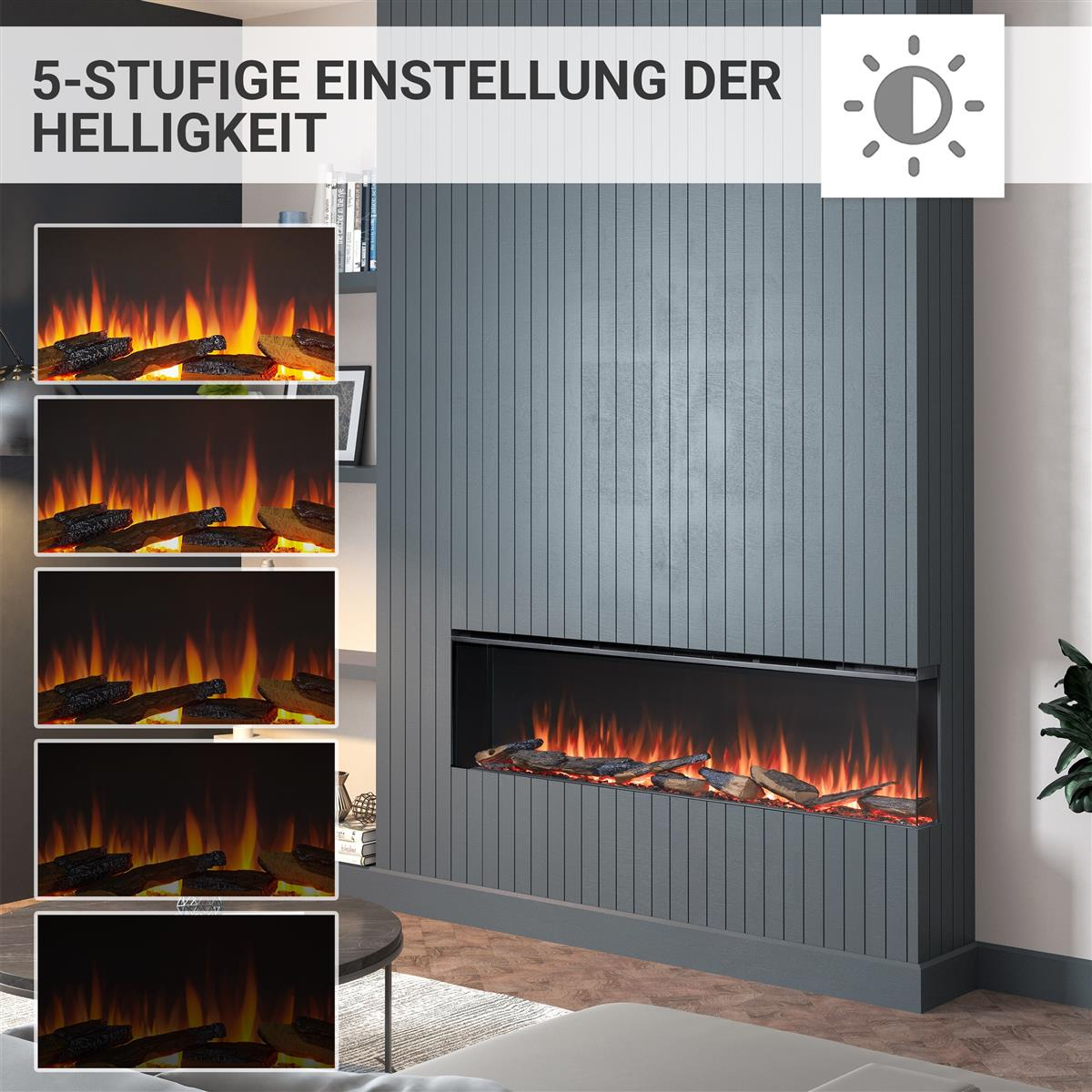 Ein elektrisches Kaminfeuer mit 5 Helligkeitsstufen, Holzscheiten und Flammen.