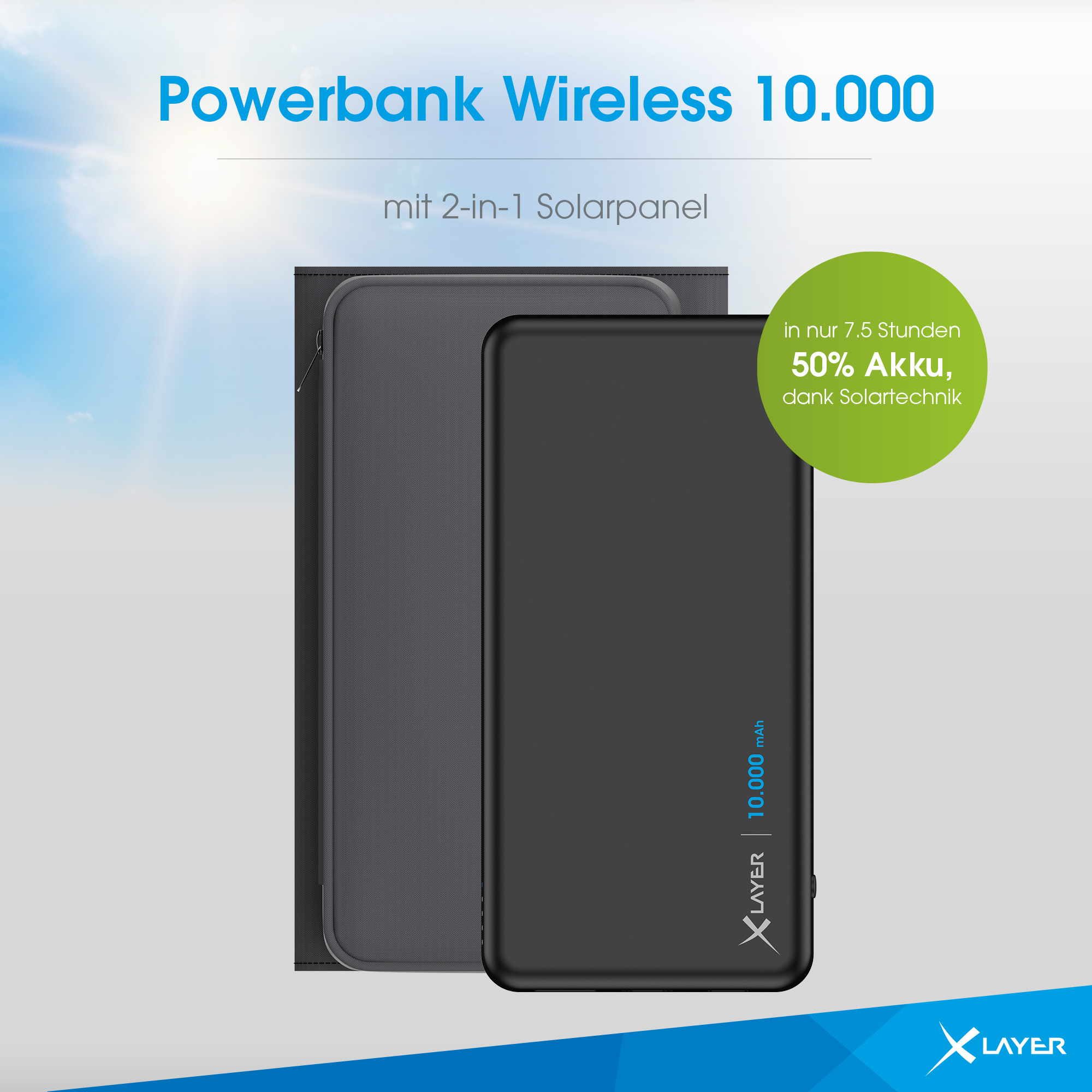 Schwarze Powerbank mit Solarpanel, 10.000 mAh, auf blauem Hintergrund.