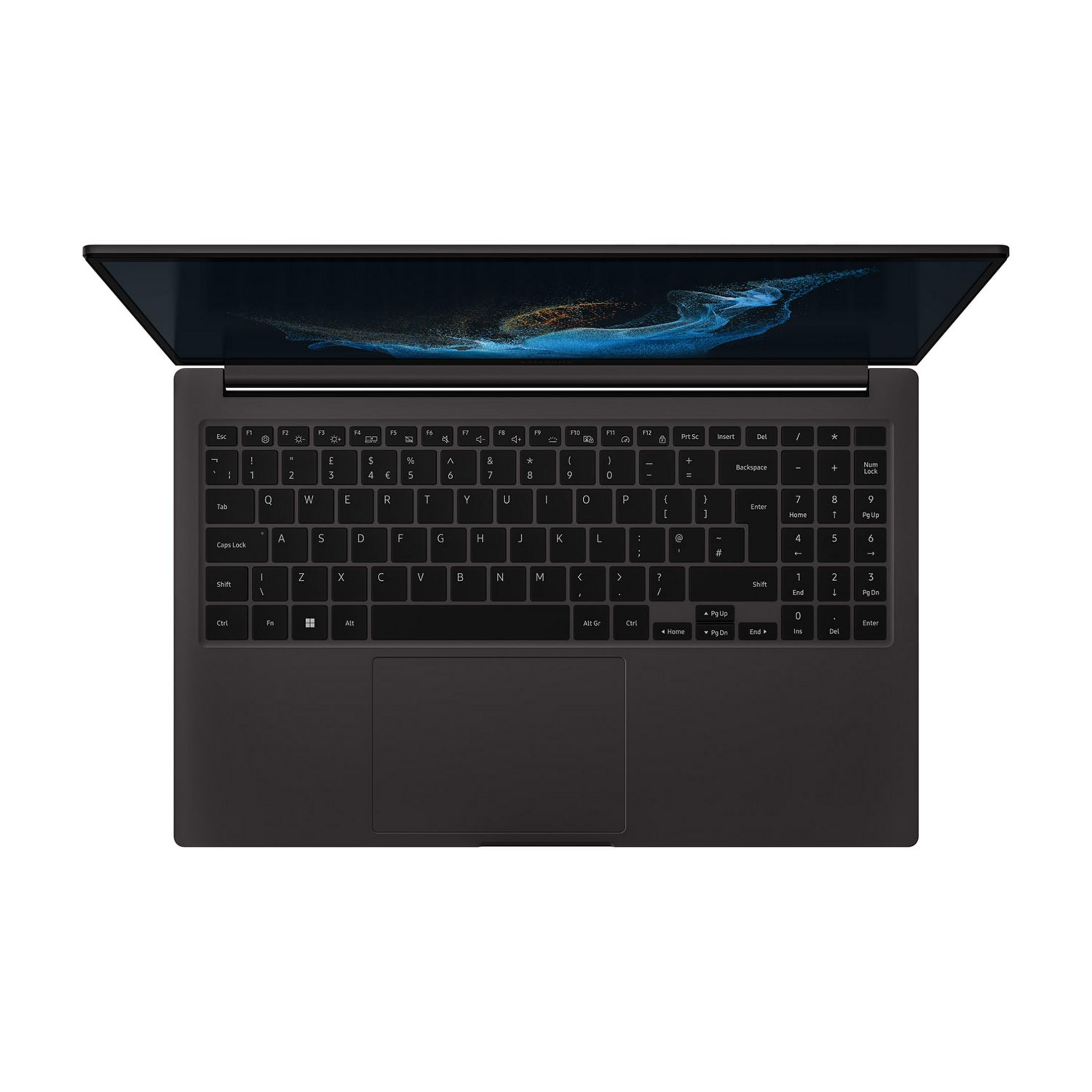 Un laptop nero chiuso con schermo illuminato. Vista dall'alto.