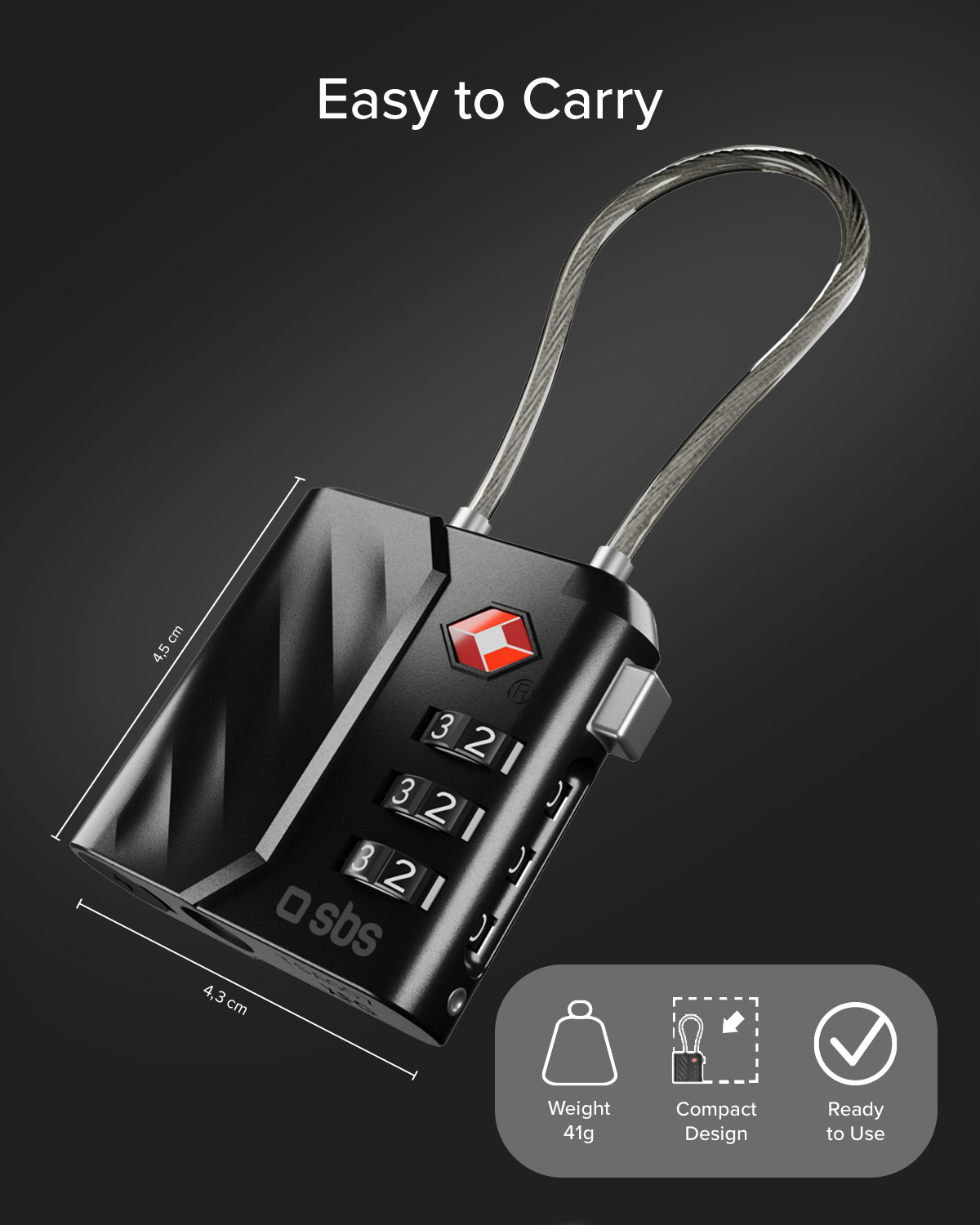 Lucchetto combinazione TSA nero con cavo argento, 4.3x4.5cm, 41g.