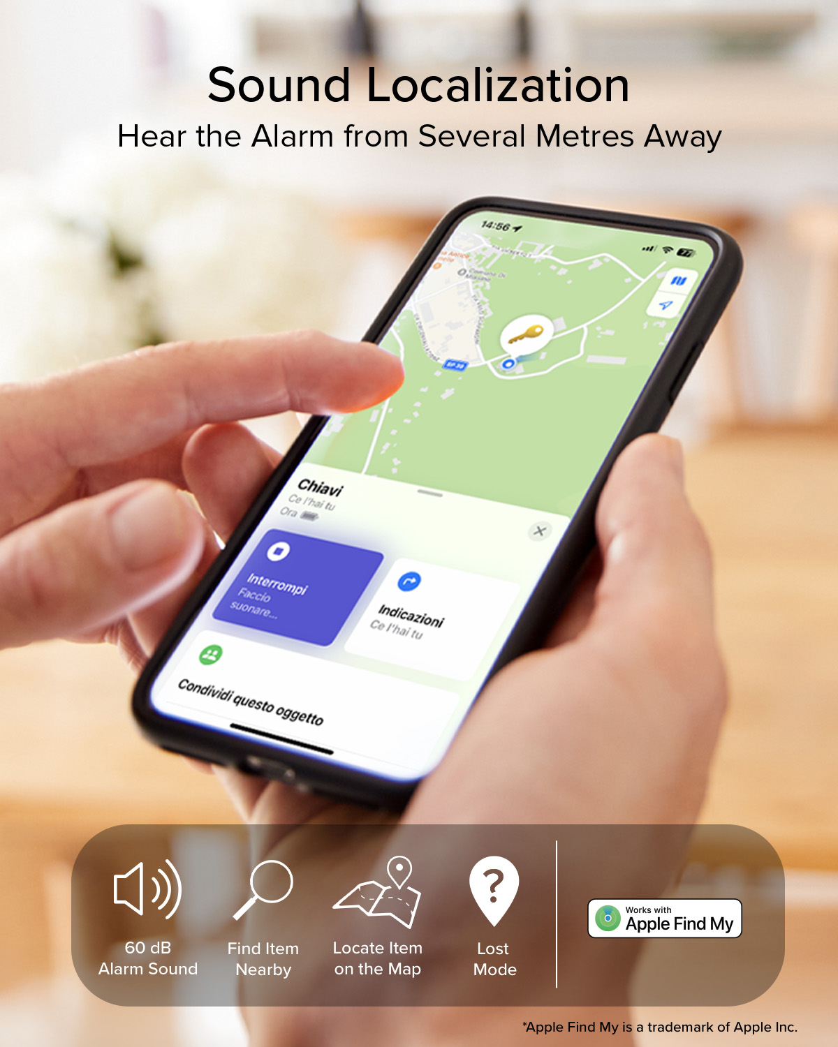 Una mano tiene uno smartphone con una mappa e un'icona a chiave. Sotto ci sono icone per suono, lente d'ingrandimento, mappa e punto interrogativo.