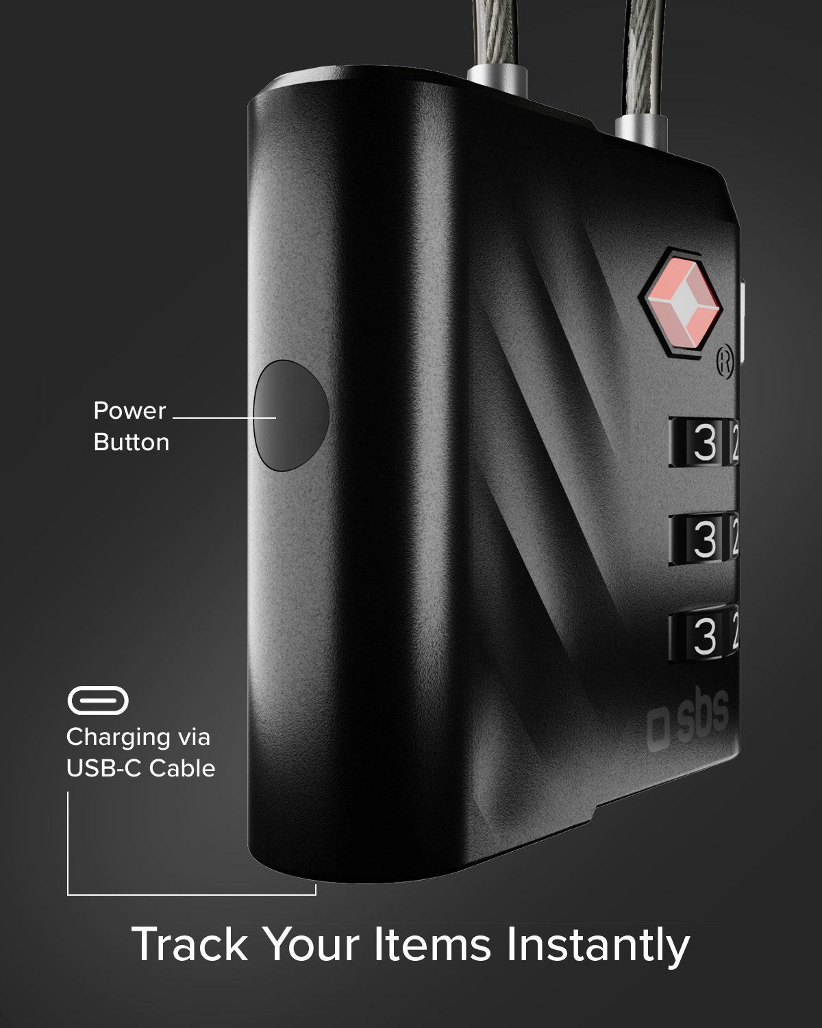 Lucchetto TSA nero con cavo, porta di ricarica USB-C e quadranti numerati.