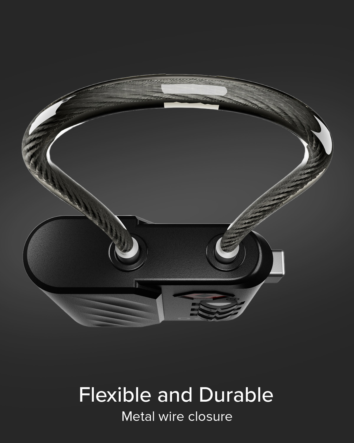 Lucchetto nero con un cavo metallico spesso e intrecciato con motivo in fibra di carbonio.