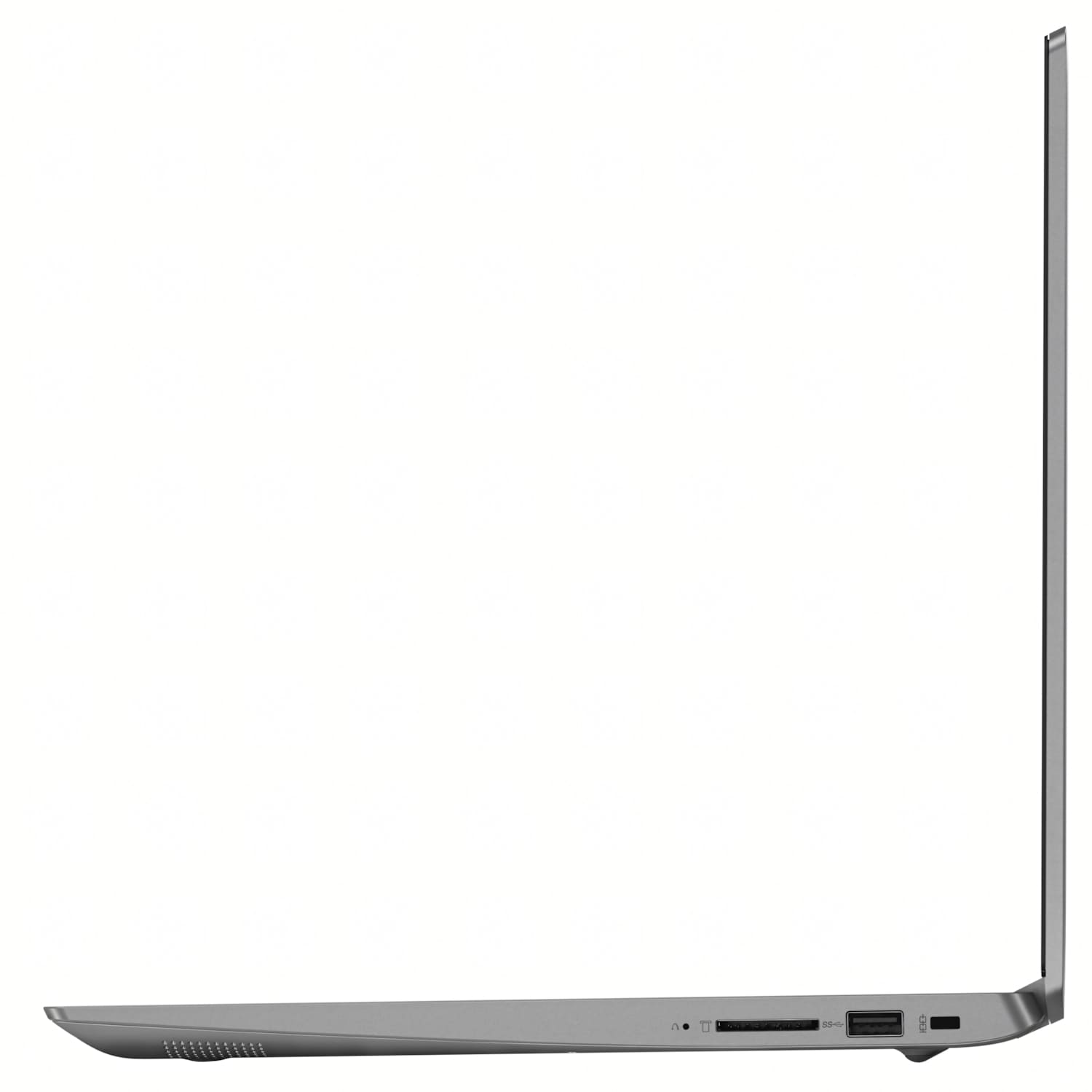 Portátil gris, vista lateral con puertos: USB, lector de tarjetas SD.