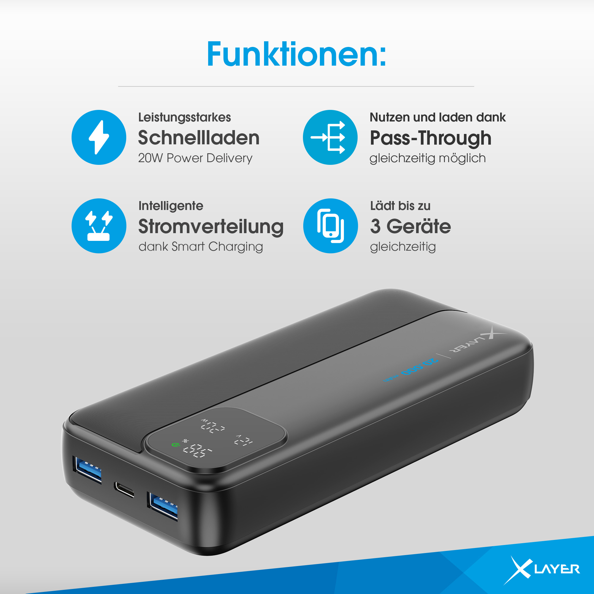 Schwarzes Ladegerät mit drei USB-Anschlüssen und digitalen Anzeigen für Funktionen.