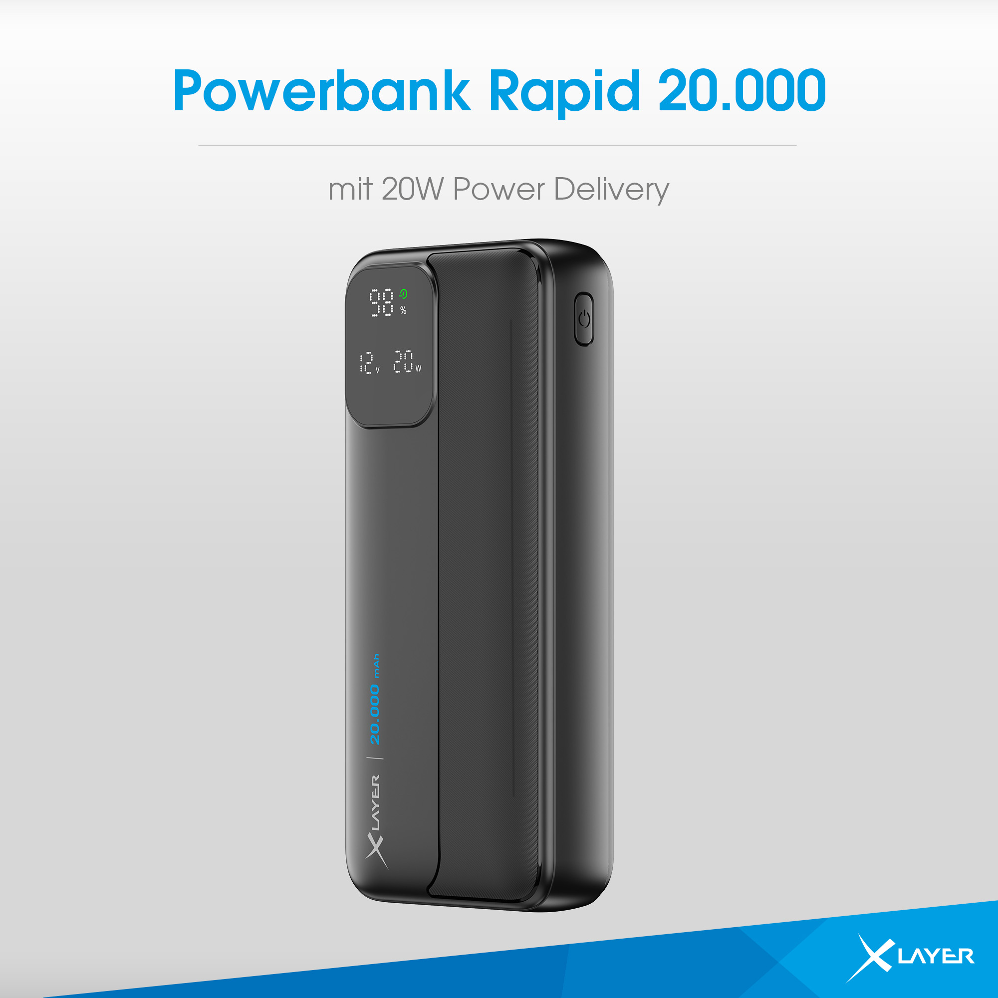 Schwarzes Powerbank mit digitaler Anzeige: 98% Akku, 12V, 20W.
