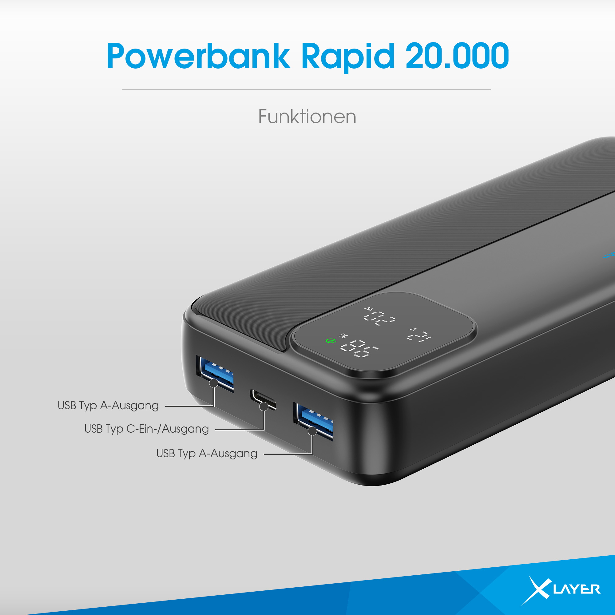 Schwarze Powerbank mit USB-Anschlüssen und digitaler Anzeige. Beschriftet: Funktionen.