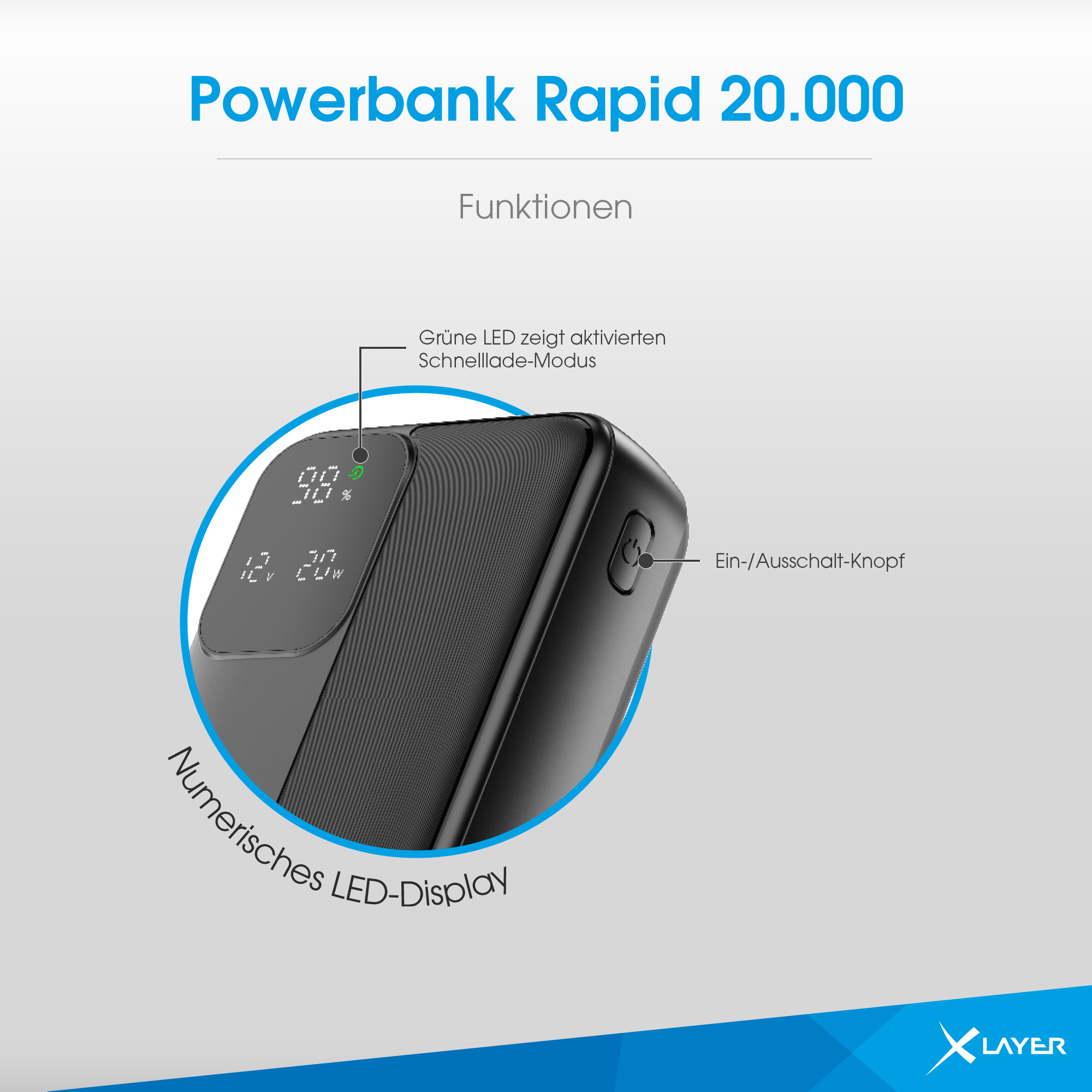 Schwarze Powerbank mit LED-Display zeigt 90% Ladung und 12V 20W. Grüne LED für Schnellladen.
