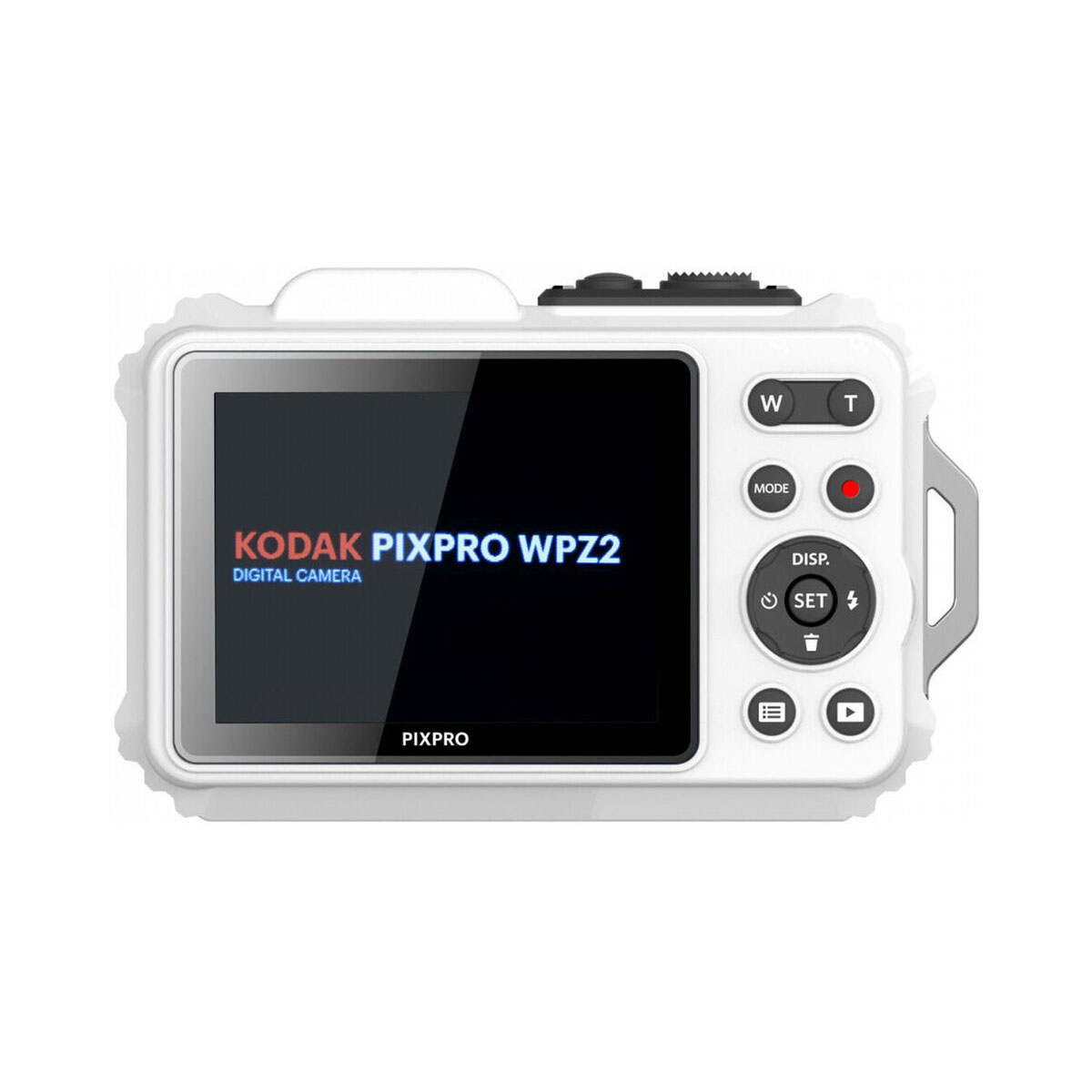 Biały aparat cyfrowy Kodak Pixpro WPZ2 z czarnym ekranem i przyciskami.