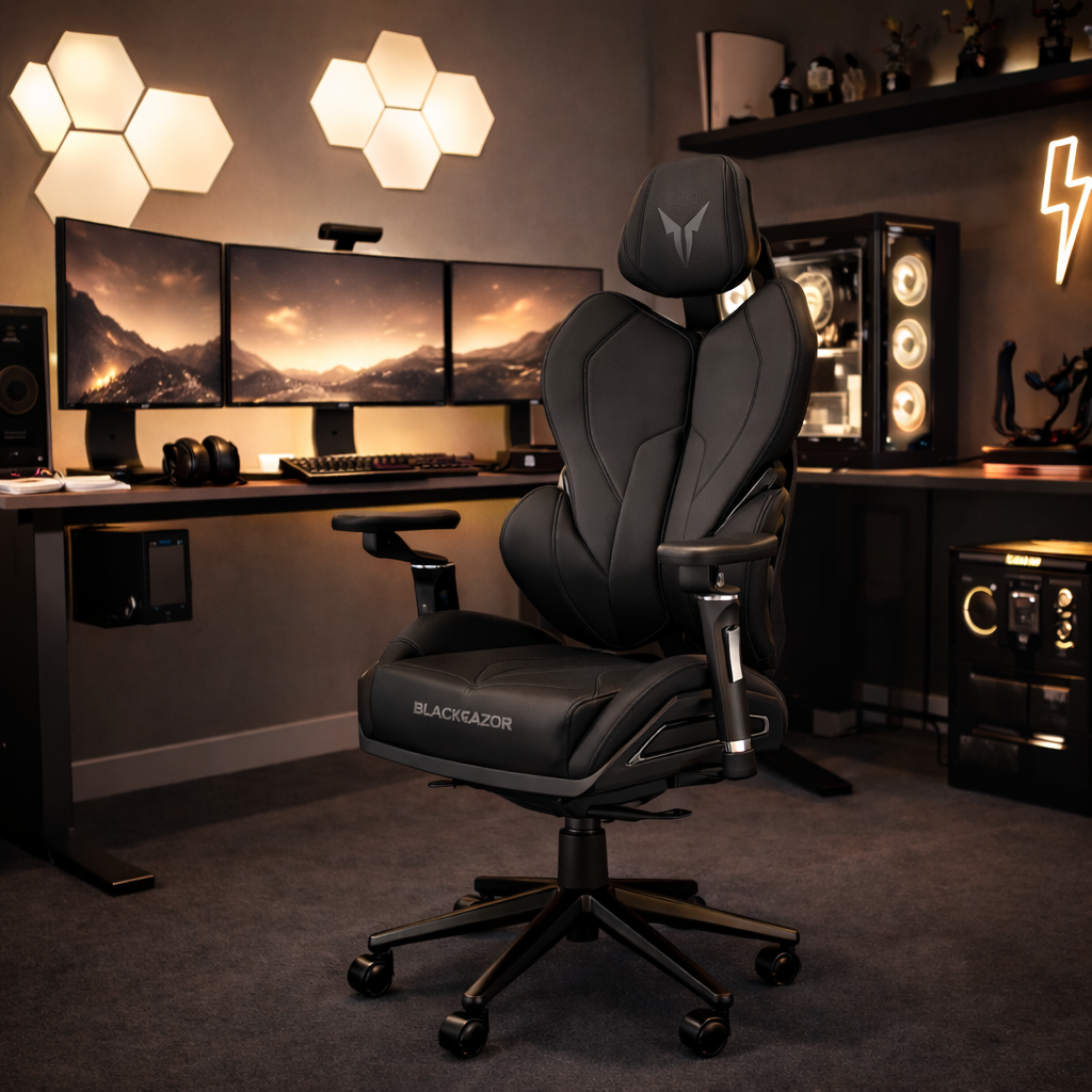 Czarny fotel gamingowy przed biurkiem z trzema monitorami, obudową komputera i sześciokątnymi światłami.
