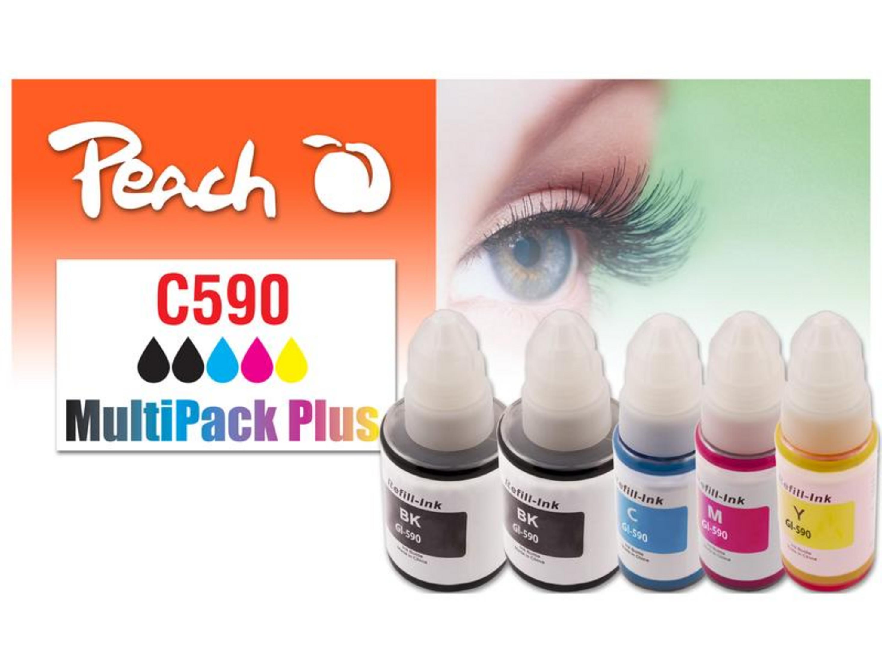 Bottiglie d'inchiostro Peach C590 MultiPack Plus: nero, ciano, magenta, giallo. Primo piano di un occhio.