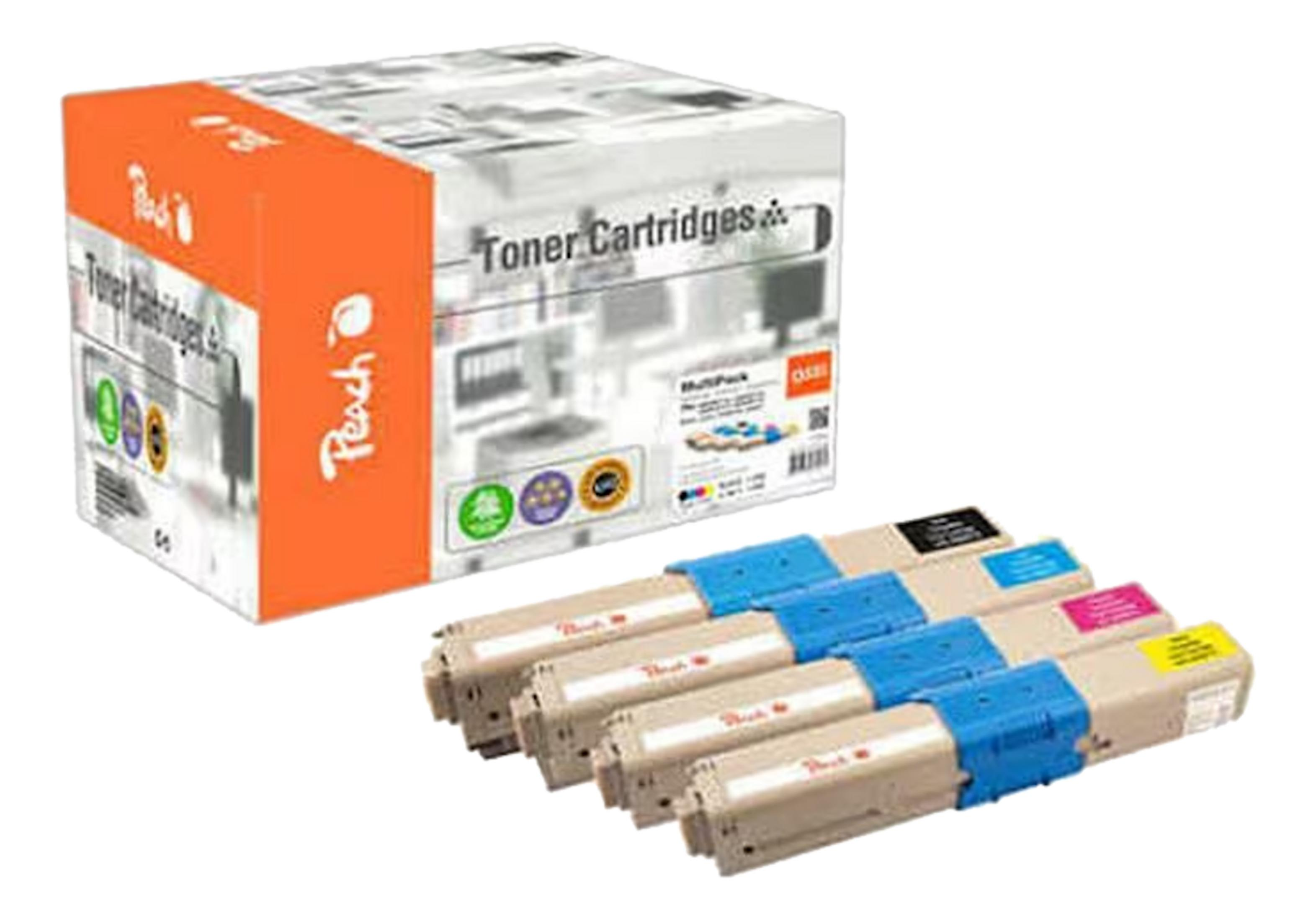 Pomarańczowo-białe pudełko z tonerami i cztery pojedyncze wkłady obok.