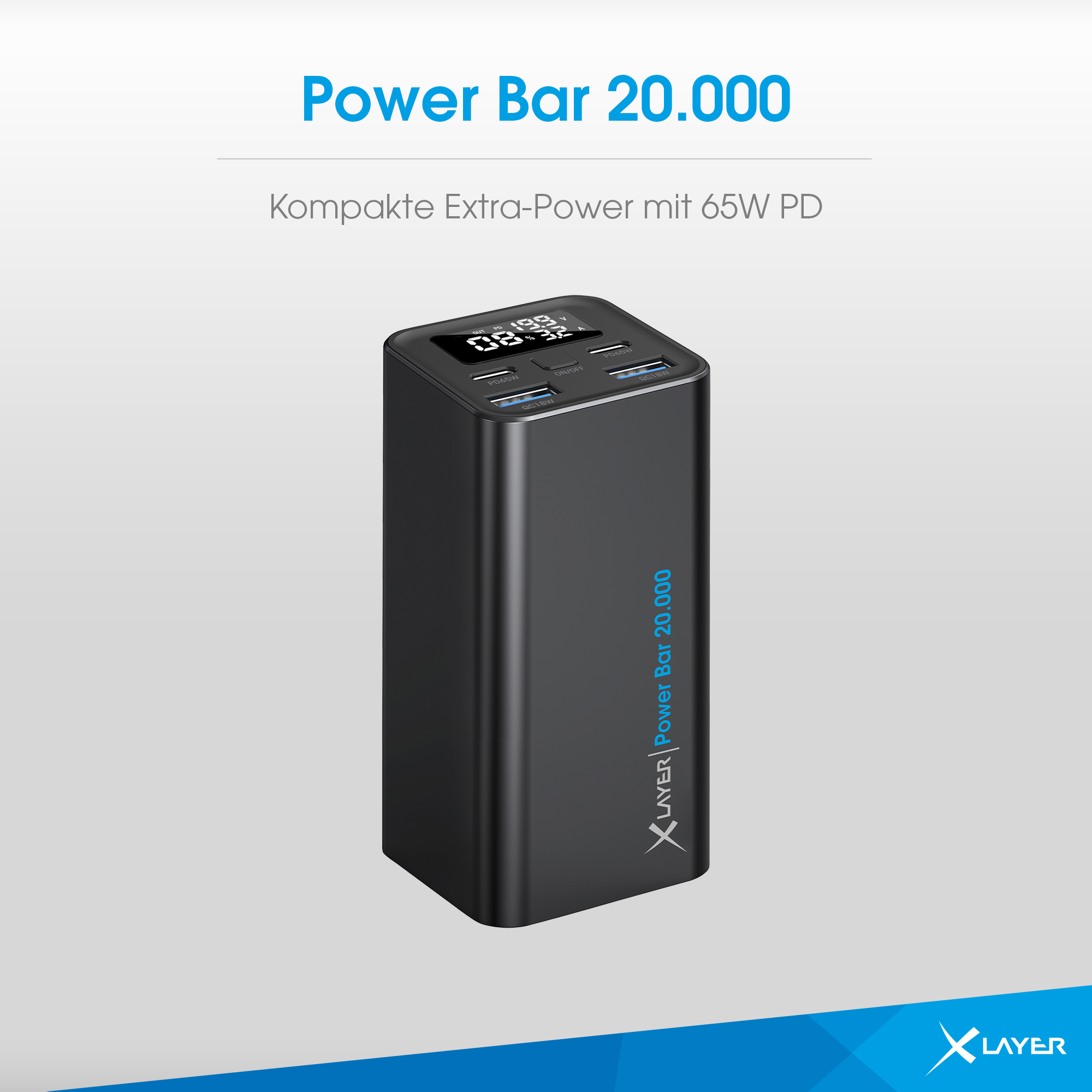 Schwarzes Powerbank mit digitaler Anzeige und USB-Anschlüssen.