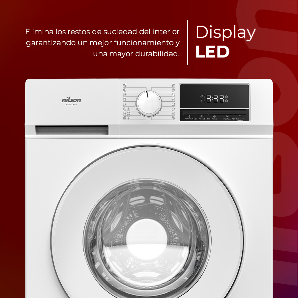 Lavadora blanca con pantalla LED y selector de programas.