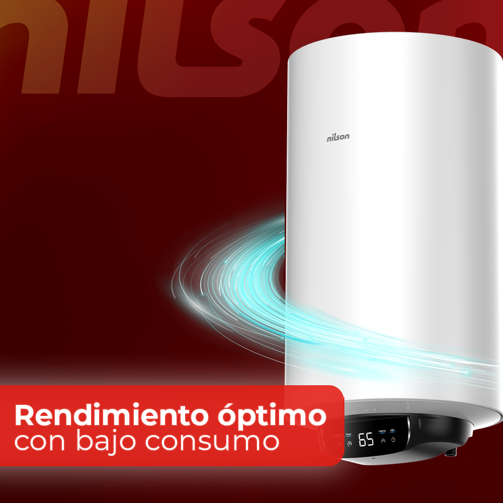 Un calentador de agua Nilson blanco con pantalla digital y efectos de luz azul.