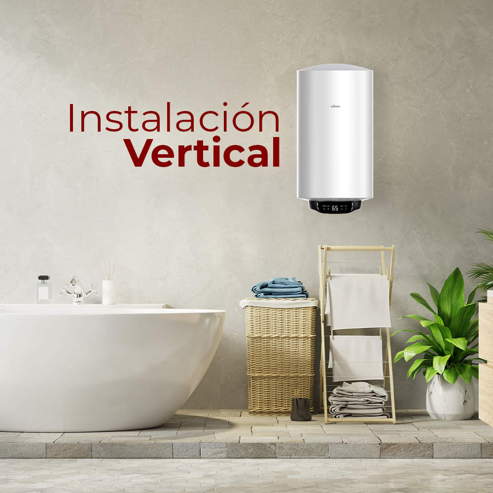 Un calentador de agua blanco cuelga de una pared sobre una bañera y un toallero.