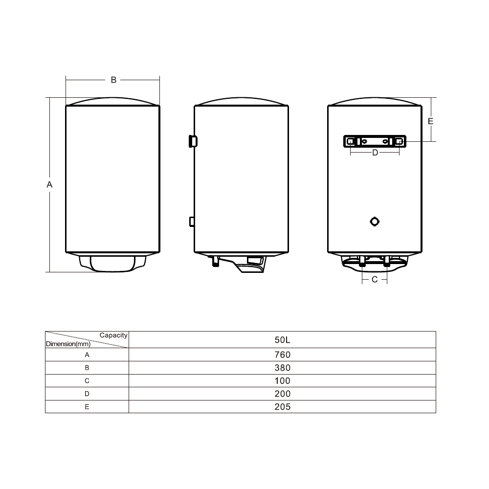 Dibujos técnicos de un calentador de agua de 50L con dimensiones A-E.
