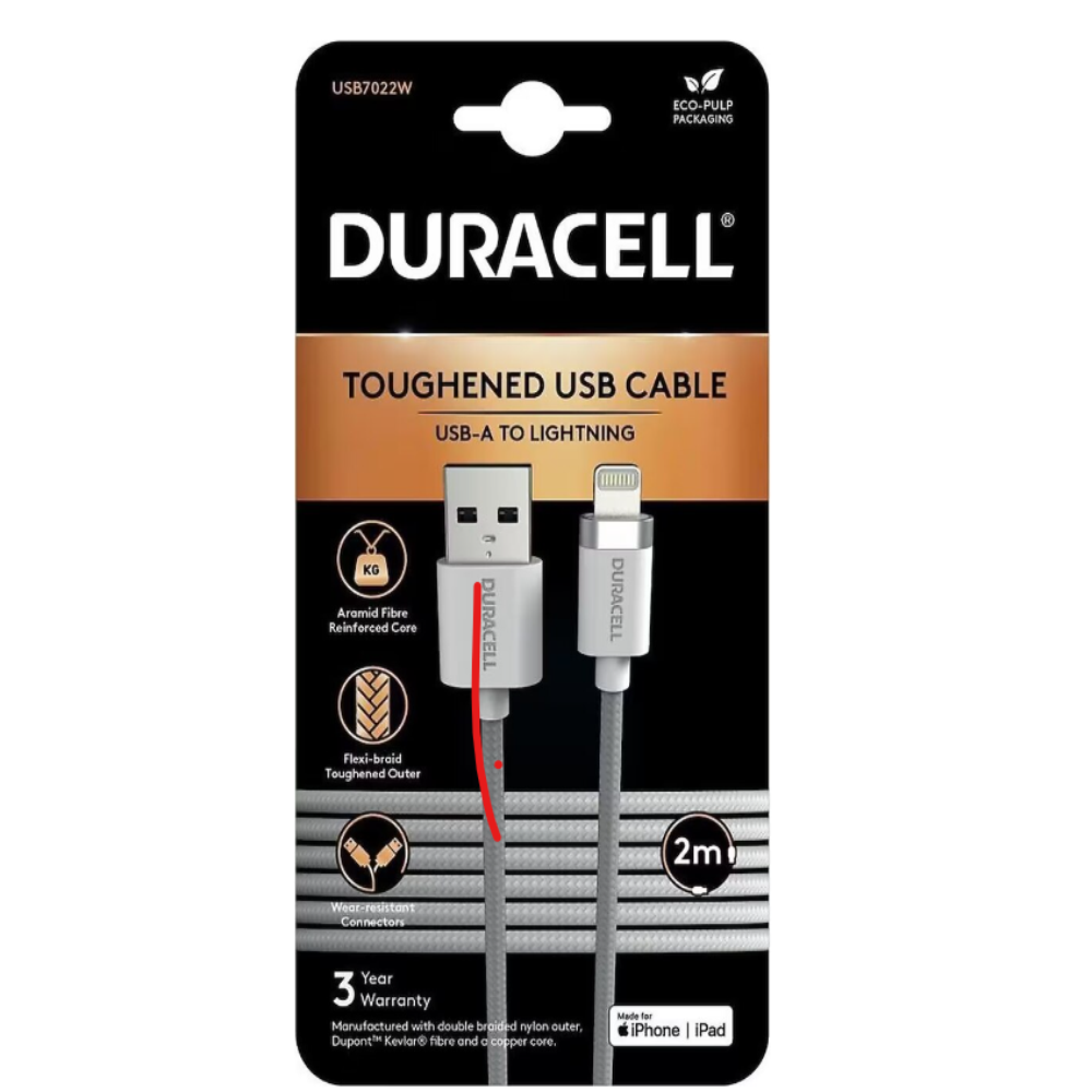 Duracell USB-A - Lightning kablosu, güçlendirilmiş dış katman, 2m.
