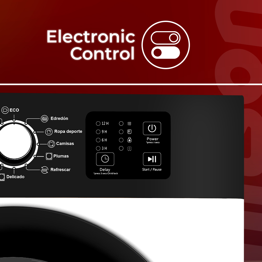 Panel de control electrónico con selección de programas, opciones de tiempo y botón inicio/pausa.