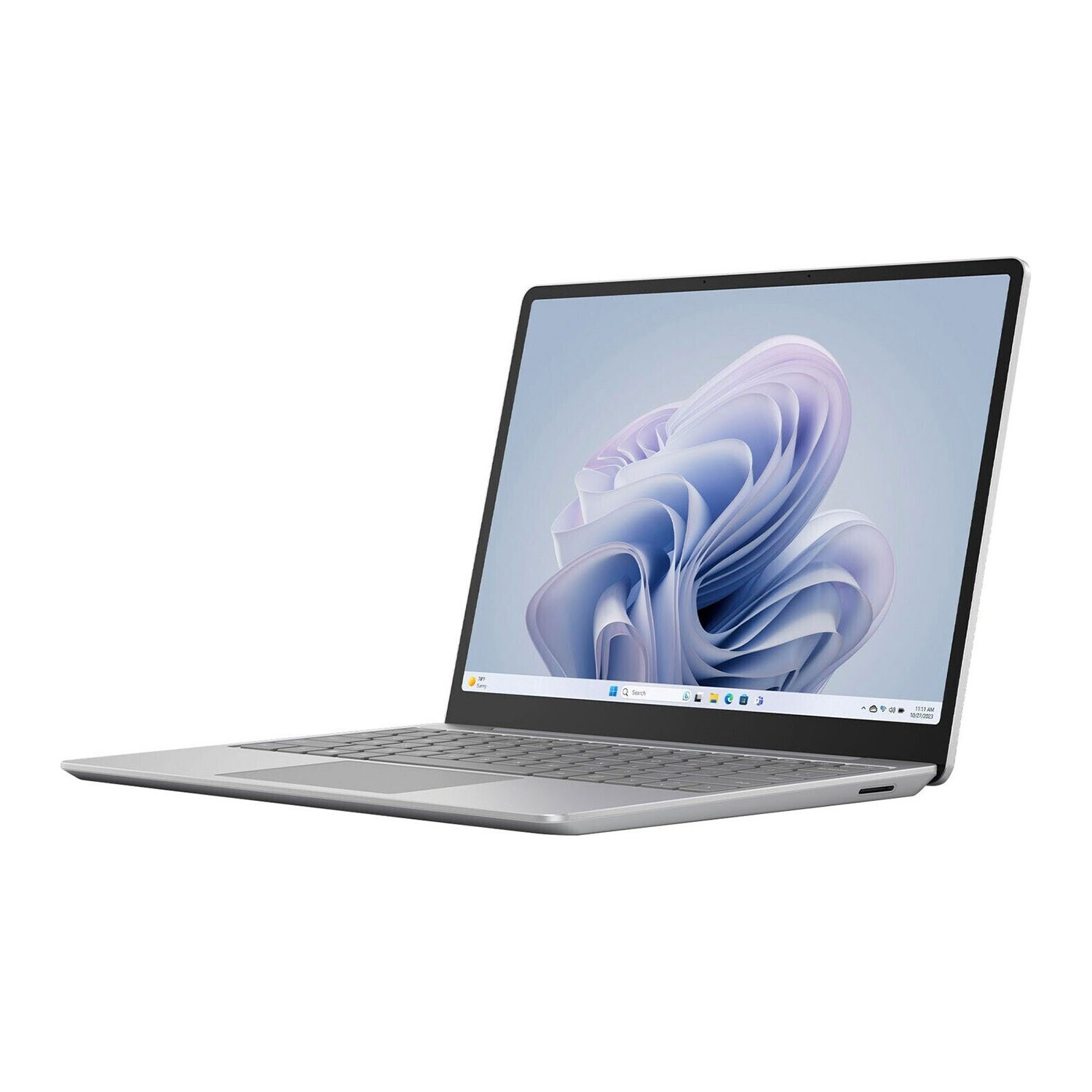 Ein silberner Laptop mit einem großen Touchscreen, der ein stilisiertes blaues Muster anzeigt.