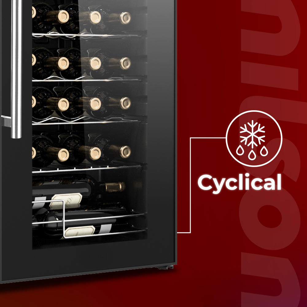Un enfriador de vino con puerta de cristal, lleno de botellas. Al lado, un símbolo.