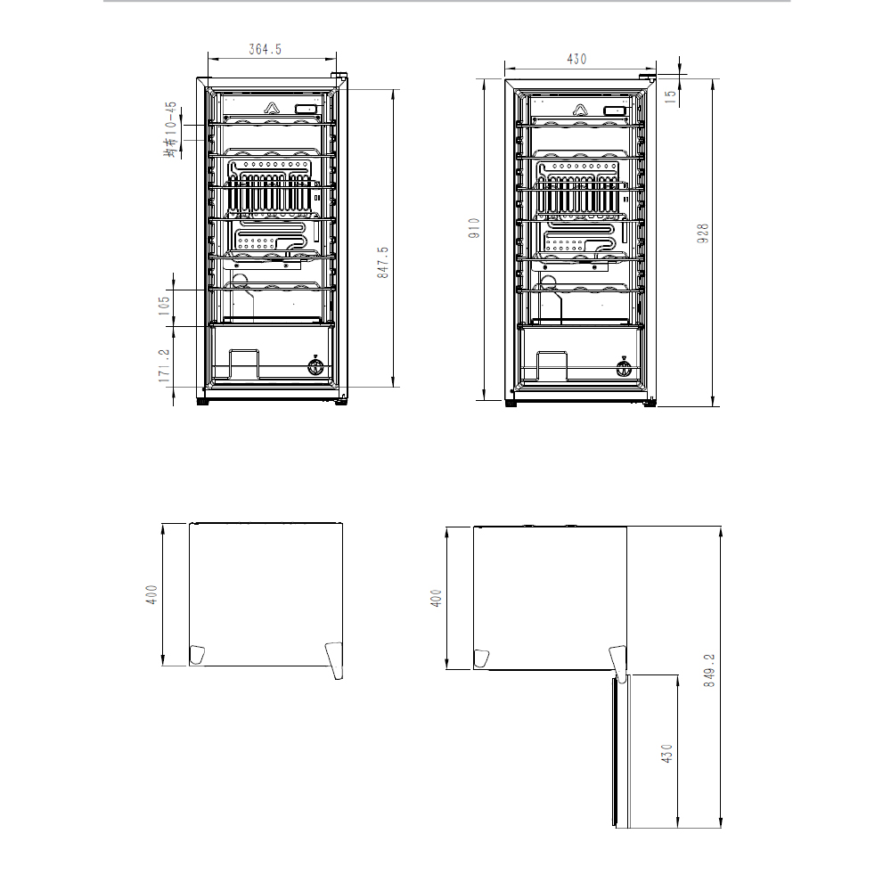 Dibujo técnico de un refrigerador con dimensiones y estructura interna.