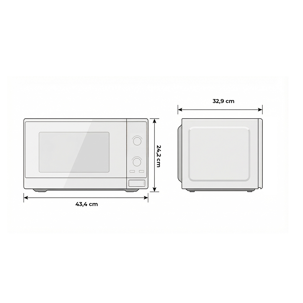 Dibujo técnico de un microondas blanco con dimensiones.