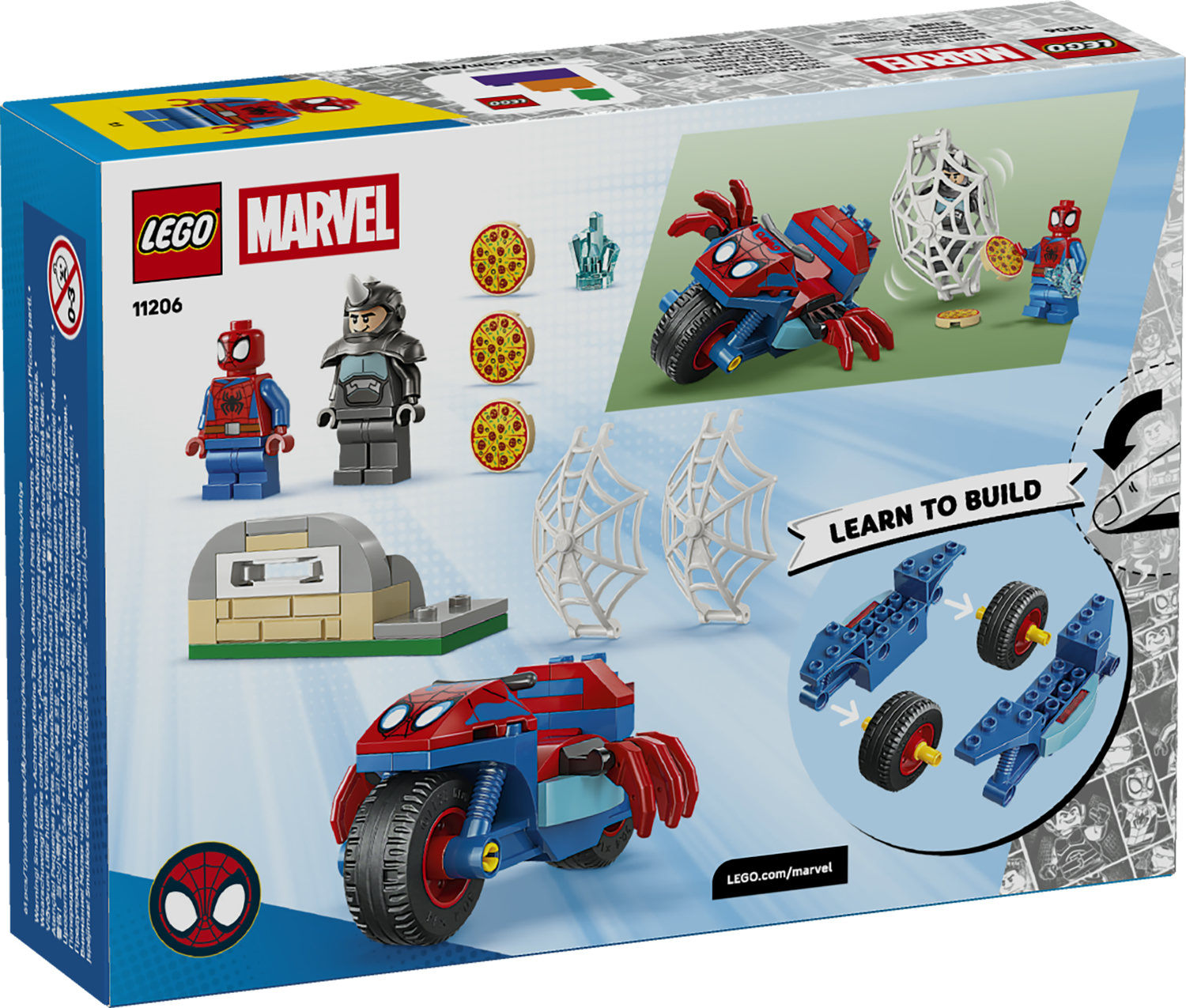 Zestaw LEGO Marvel ze Spider-Manem, Rhino, motocyklami, pizzami i pajęczynami.