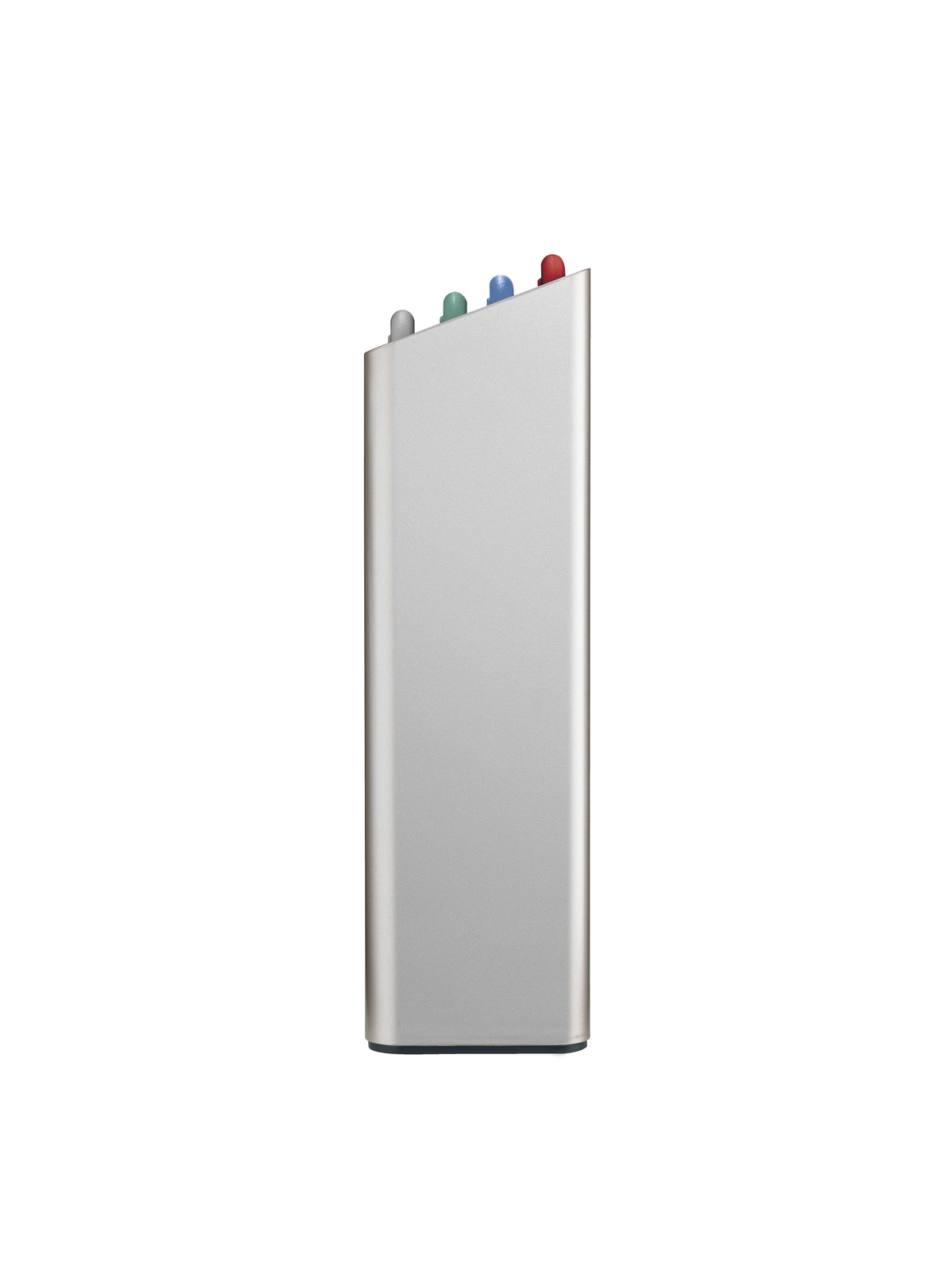 Un dispositivo rectangular plateado con cuatro botones de colores arriba: gris, verde, azul, rojo.