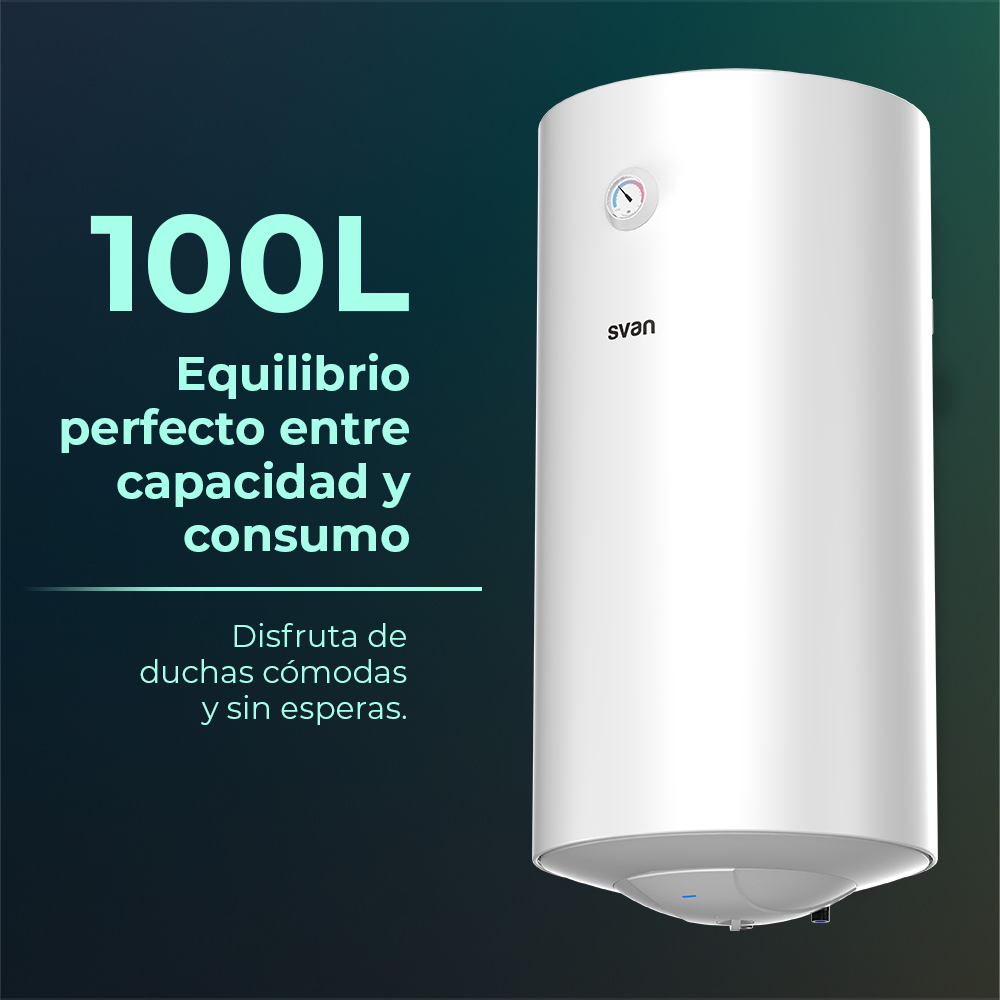 Un calentador de agua blanco Svan de 100L sobre fondo oscuro.