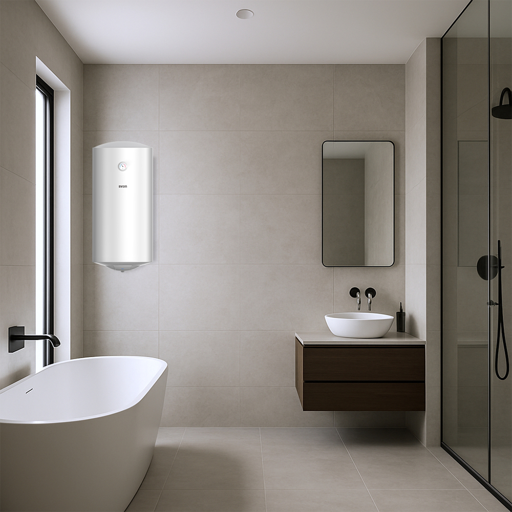 Baño moderno con bañera exenta, lavabo y ducha.