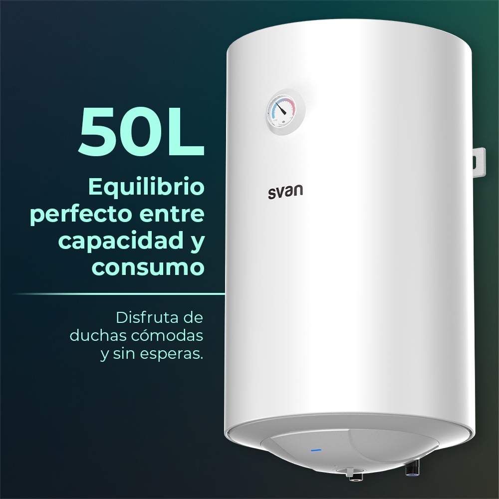 Un calentador de agua blanco de 50L con termómetro y logo Svan.