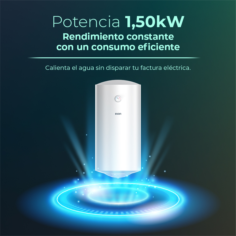 Un calentador de agua blanco flota sobre un círculo azul brillante.