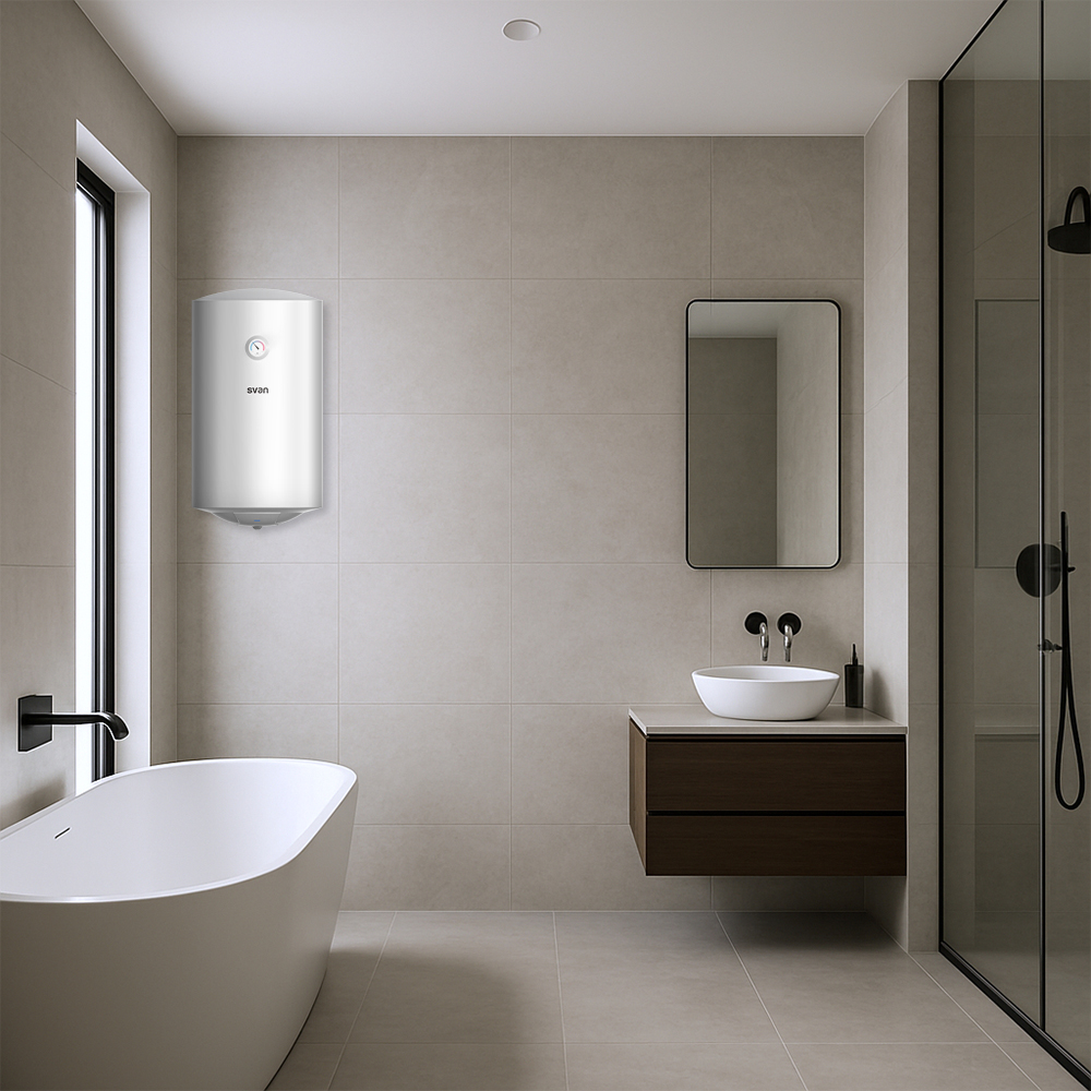 Un baño moderno con bañera exenta, calentador de pared, lavabo y cabina de ducha.