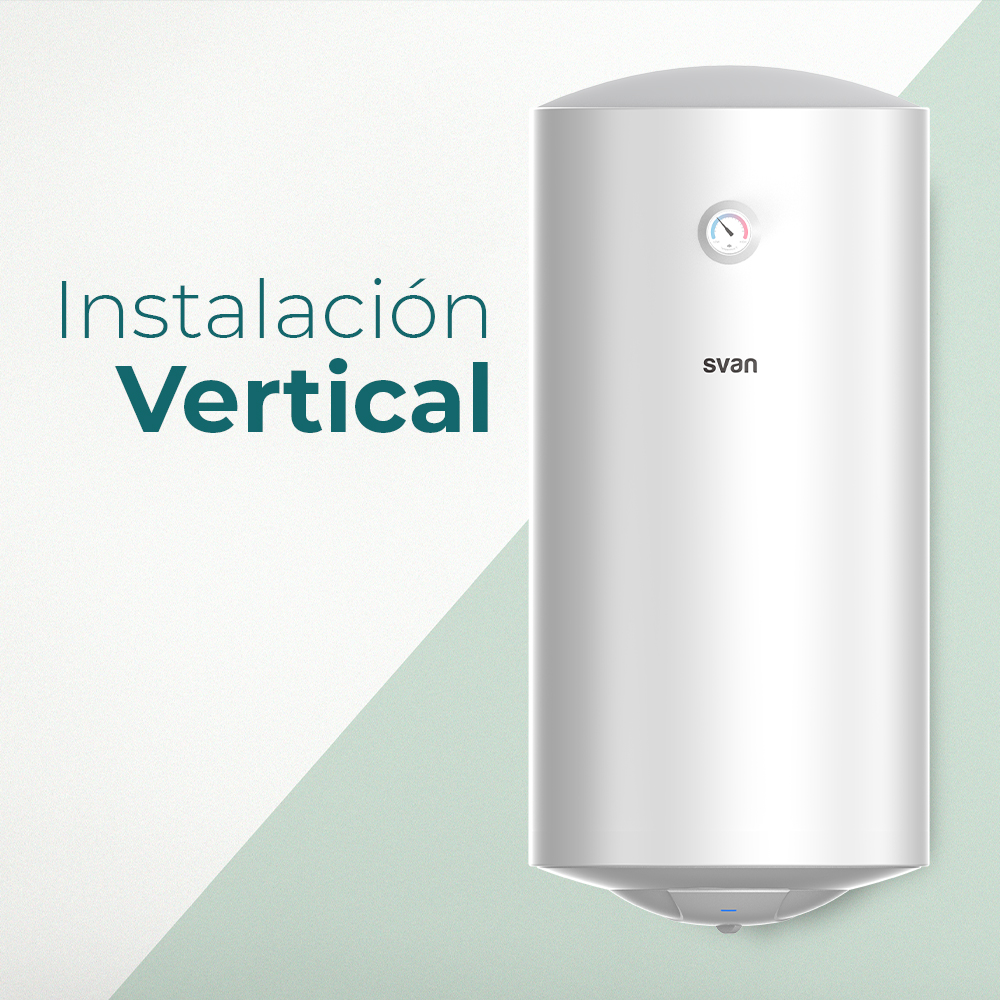 Un calentador de agua vertical blanco con logo Svan y termómetro.