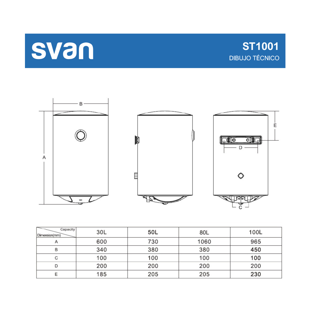 Dibujo técnico de un calentador SVAN con dimensiones y capacidades.