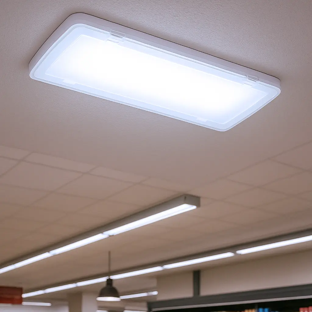 Luz de techo con marco blanco rectangular y cubierta de luz brillante.
