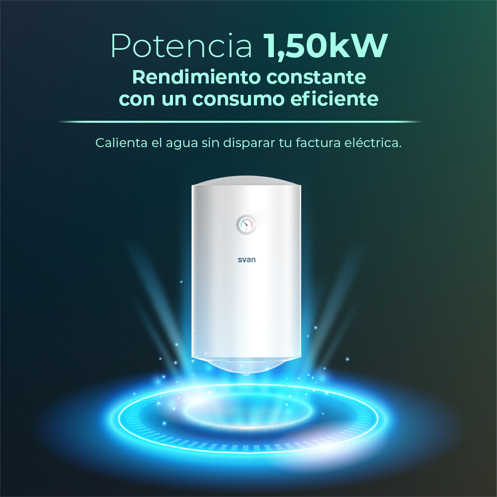 Un calentador de agua blanco de 1,50 kW sobre un círculo azul brillante.