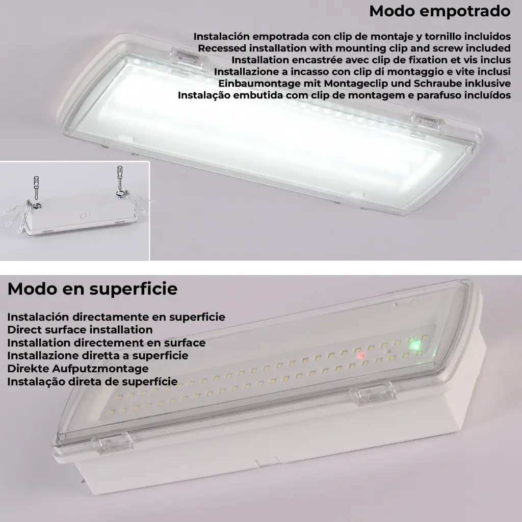 Luz LED empotrada y de superficie. Se muestran accesorios para ambos tipos.