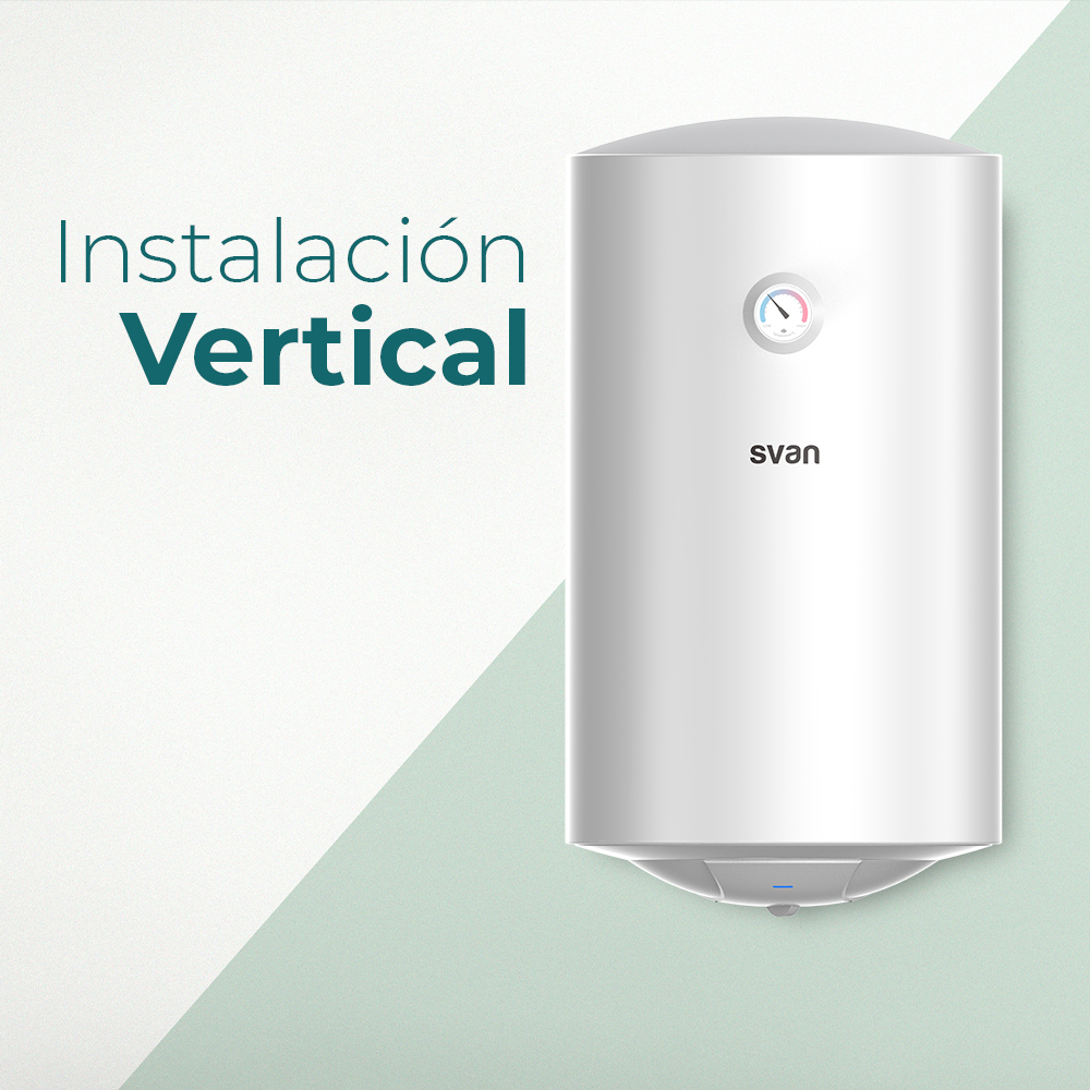 Un calentador de agua vertical blanco con logo Svan y termómetro.